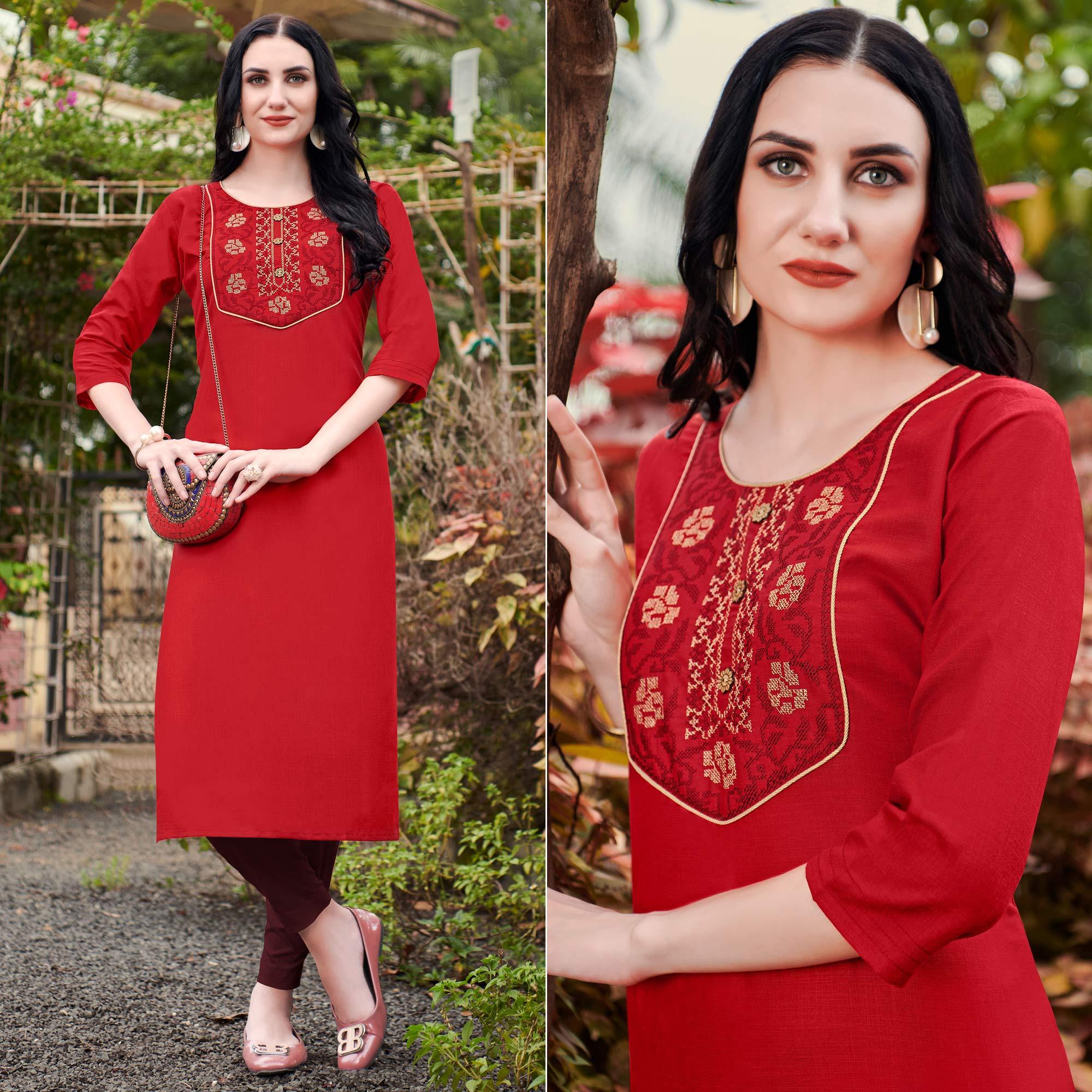 Red Casual Wear Embroidered Cotton Kurti - Peachmode