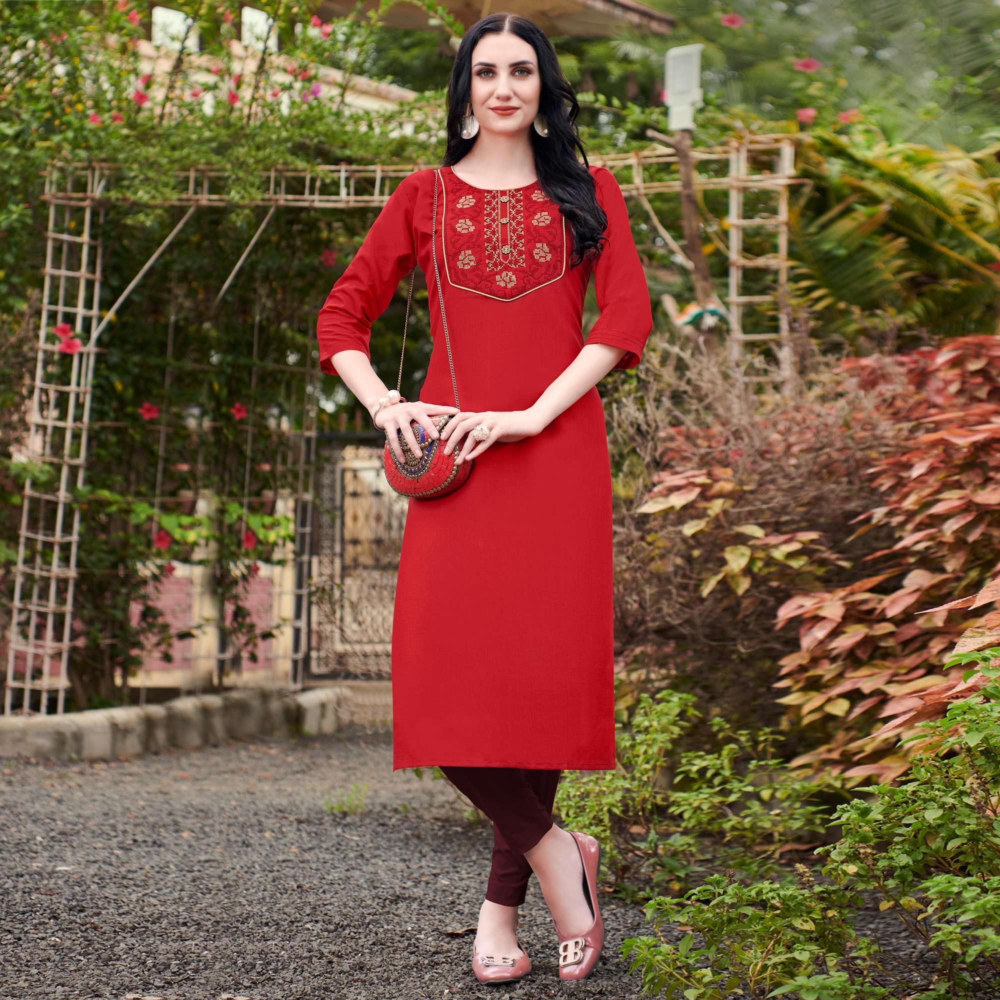 Red Casual Wear Embroidered Cotton Kurti - Peachmode