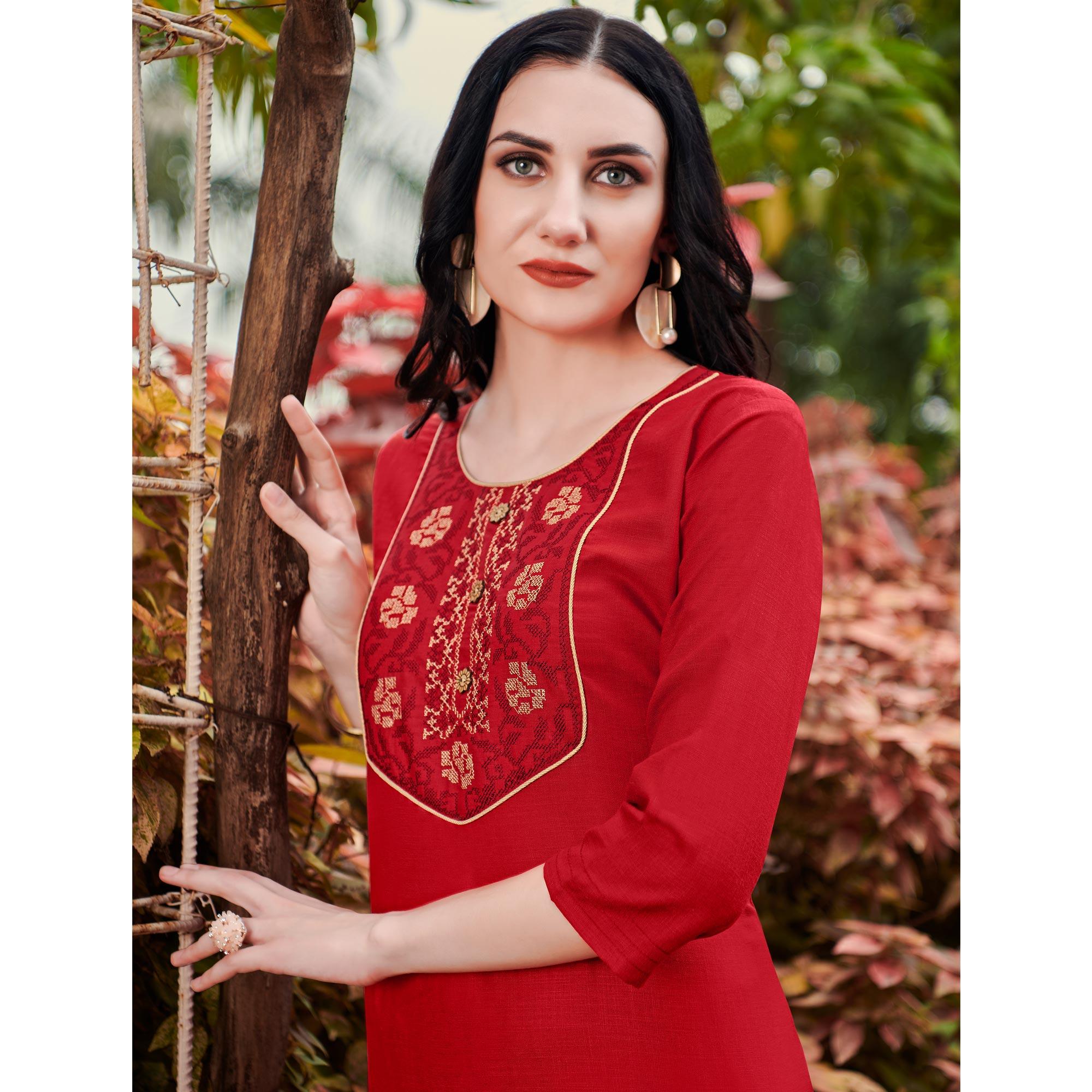 Red Casual Wear Embroidered Cotton Kurti - Peachmode