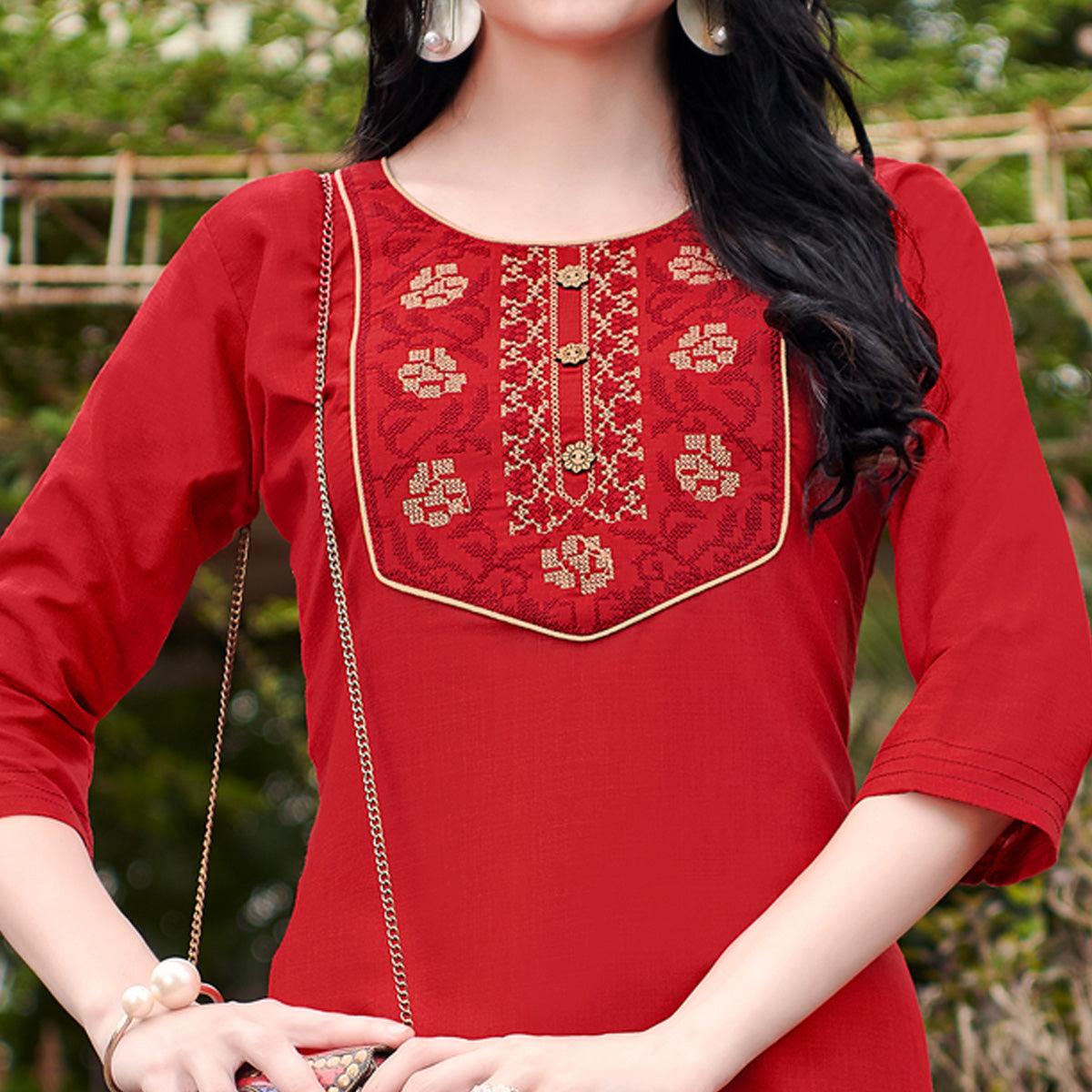 Red Casual Wear Embroidered Cotton Kurti - Peachmode