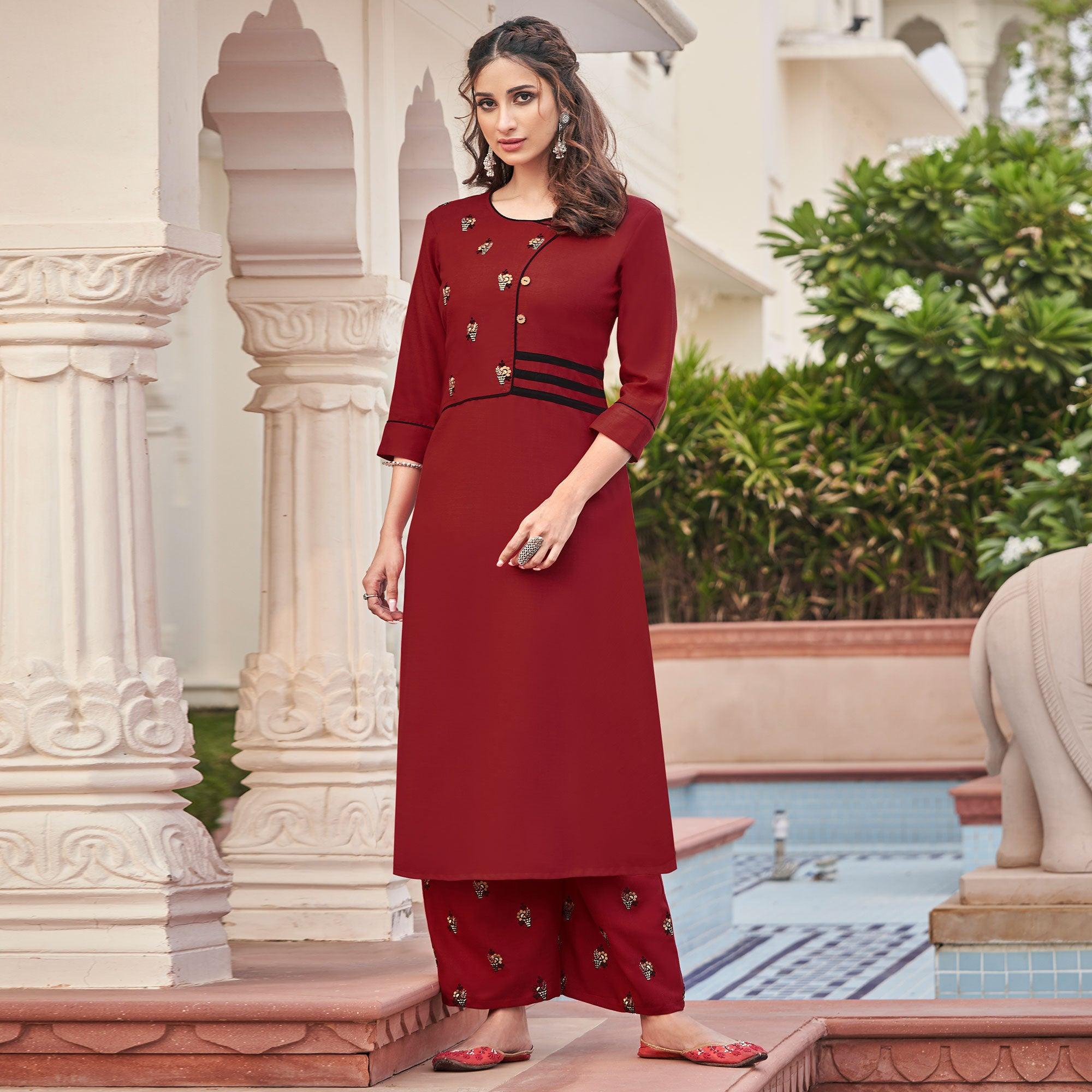 Red Casual Wear Embroidered Cotton Palazzo Suit - Peachmode