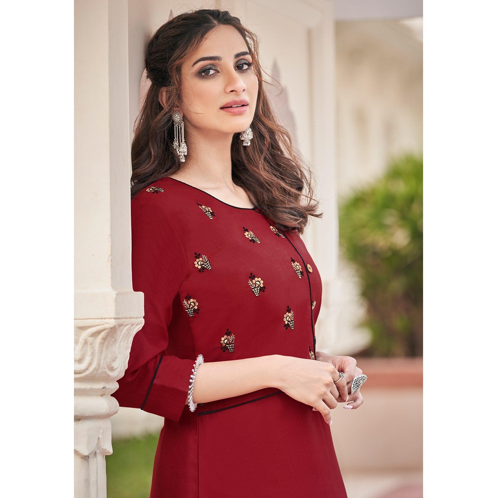 Red Casual Wear Embroidered Cotton Palazzo Suit - Peachmode