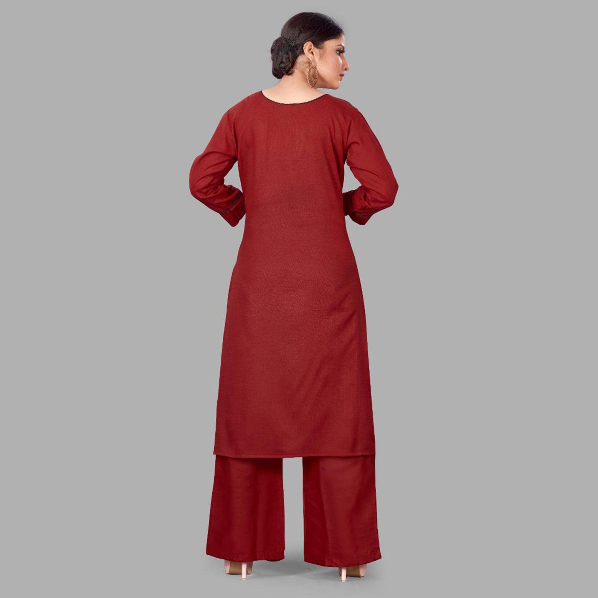 Red Casual Wear Embroidered Cotton Palazzo Suit - Peachmode