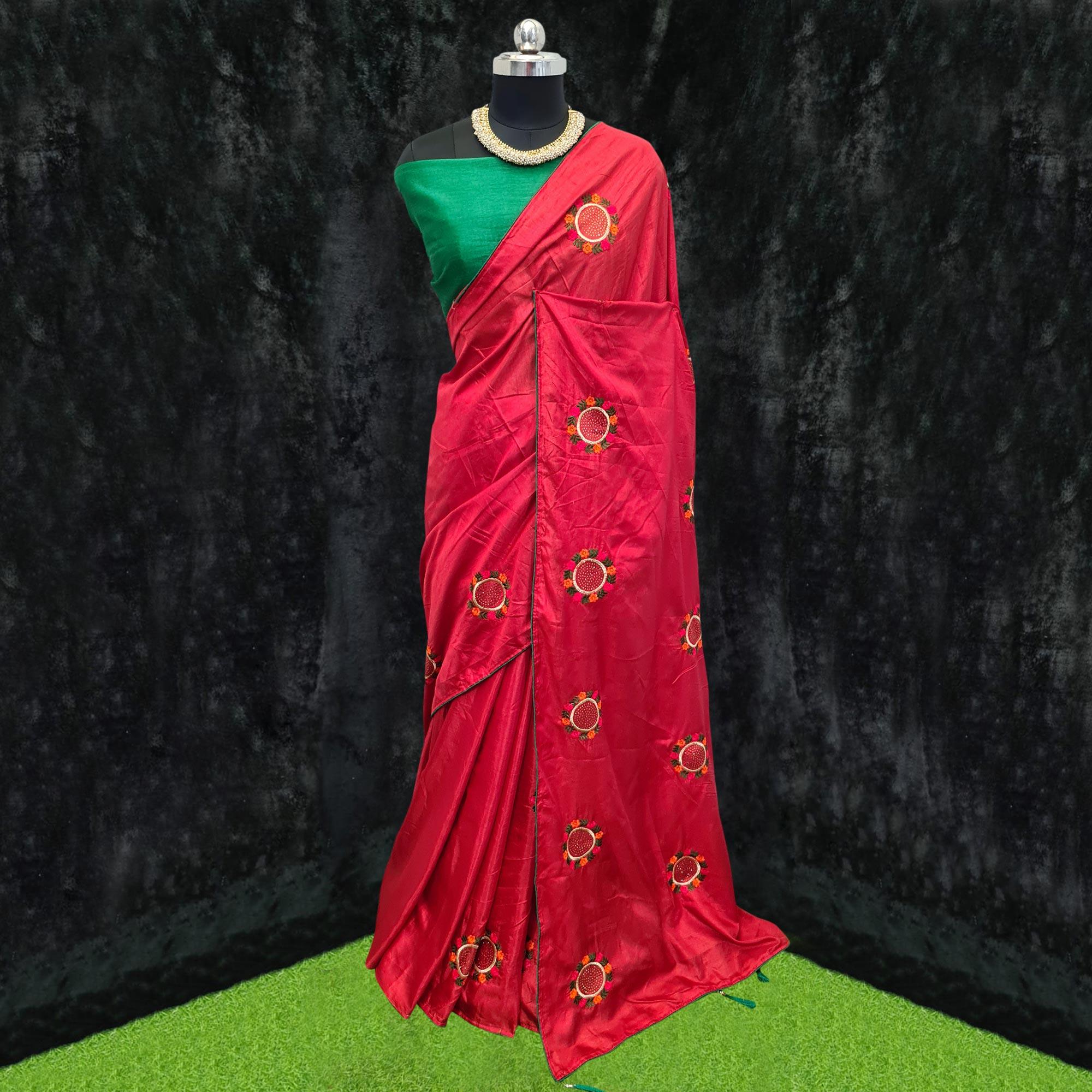 Red Casual Wear Embroidered Dola Silk Saree - Peachmode
