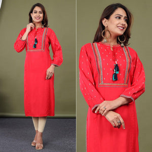 Red Casual Wear Embroidered Rayon Kurti - Peachmode