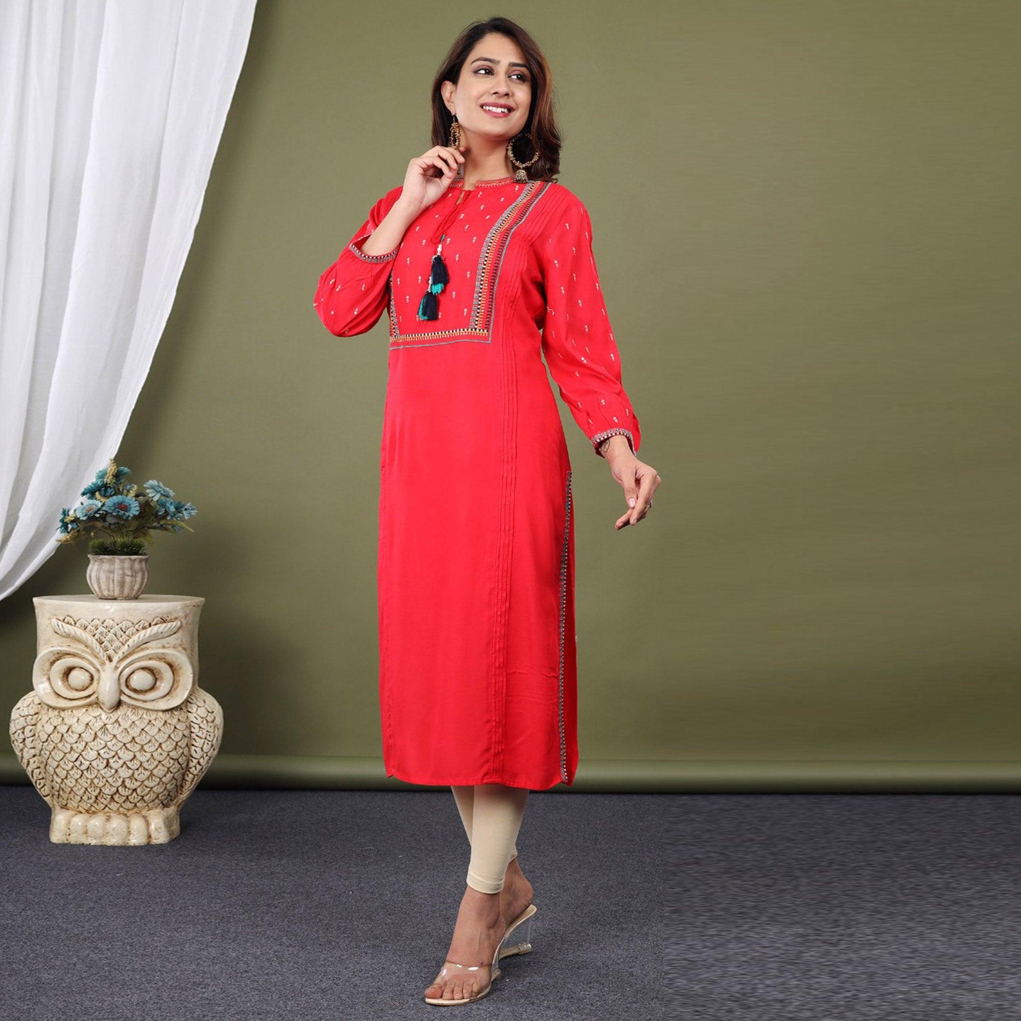 Red Casual Wear Embroidered Rayon Kurti - Peachmode