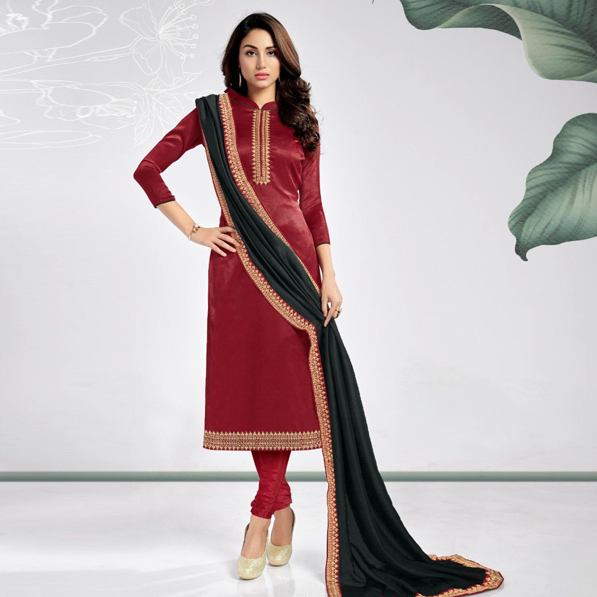 Red Casual Wear Embroidered Sanaya Silk Dress Material - Peachmode