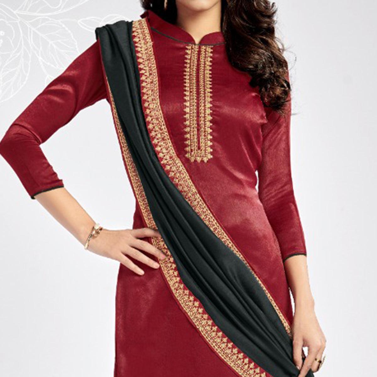 Red Casual Wear Embroidered Sanaya Silk Dress Material - Peachmode