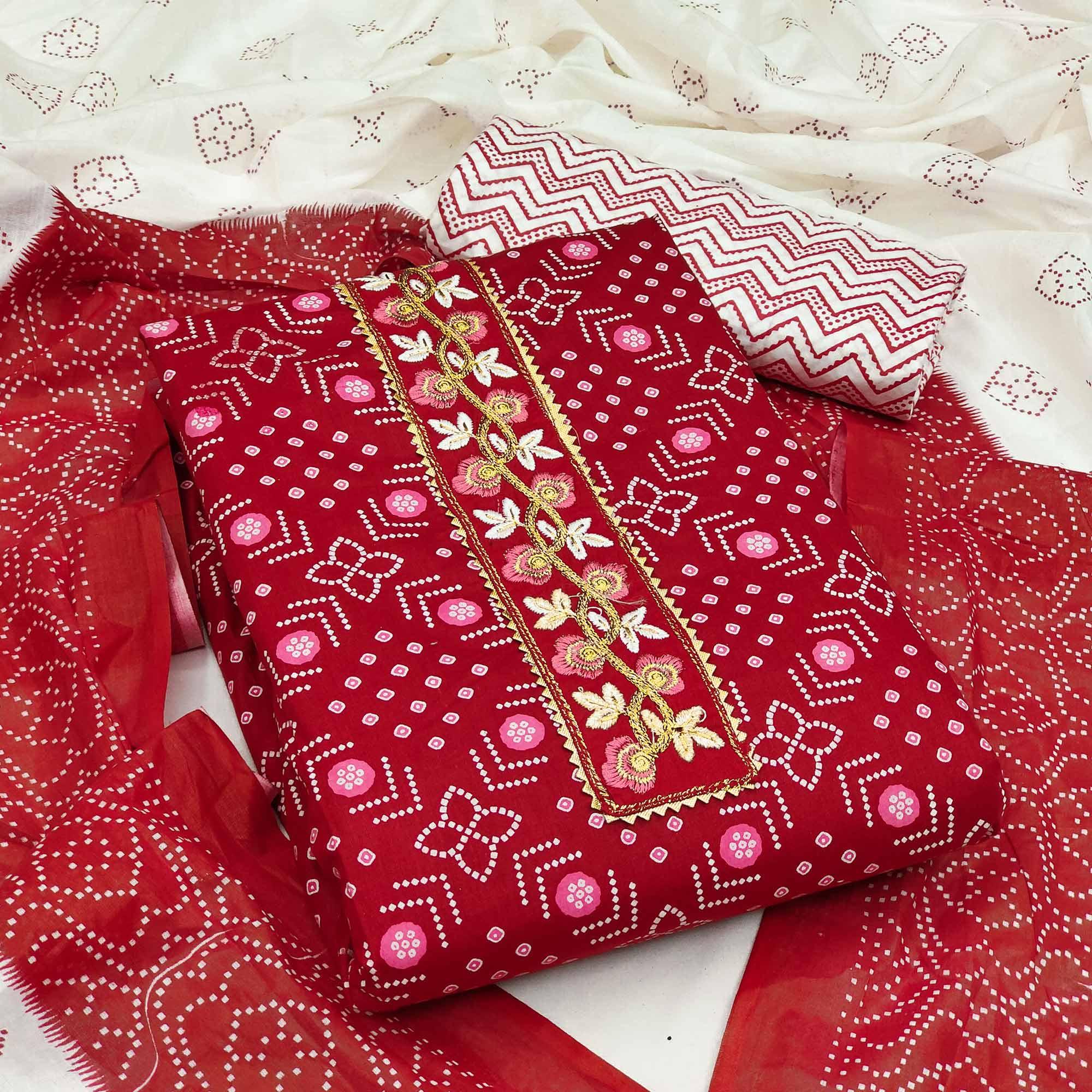 Red Casual Wear Embroidery With Print Cotton Dress Material - Peachmode