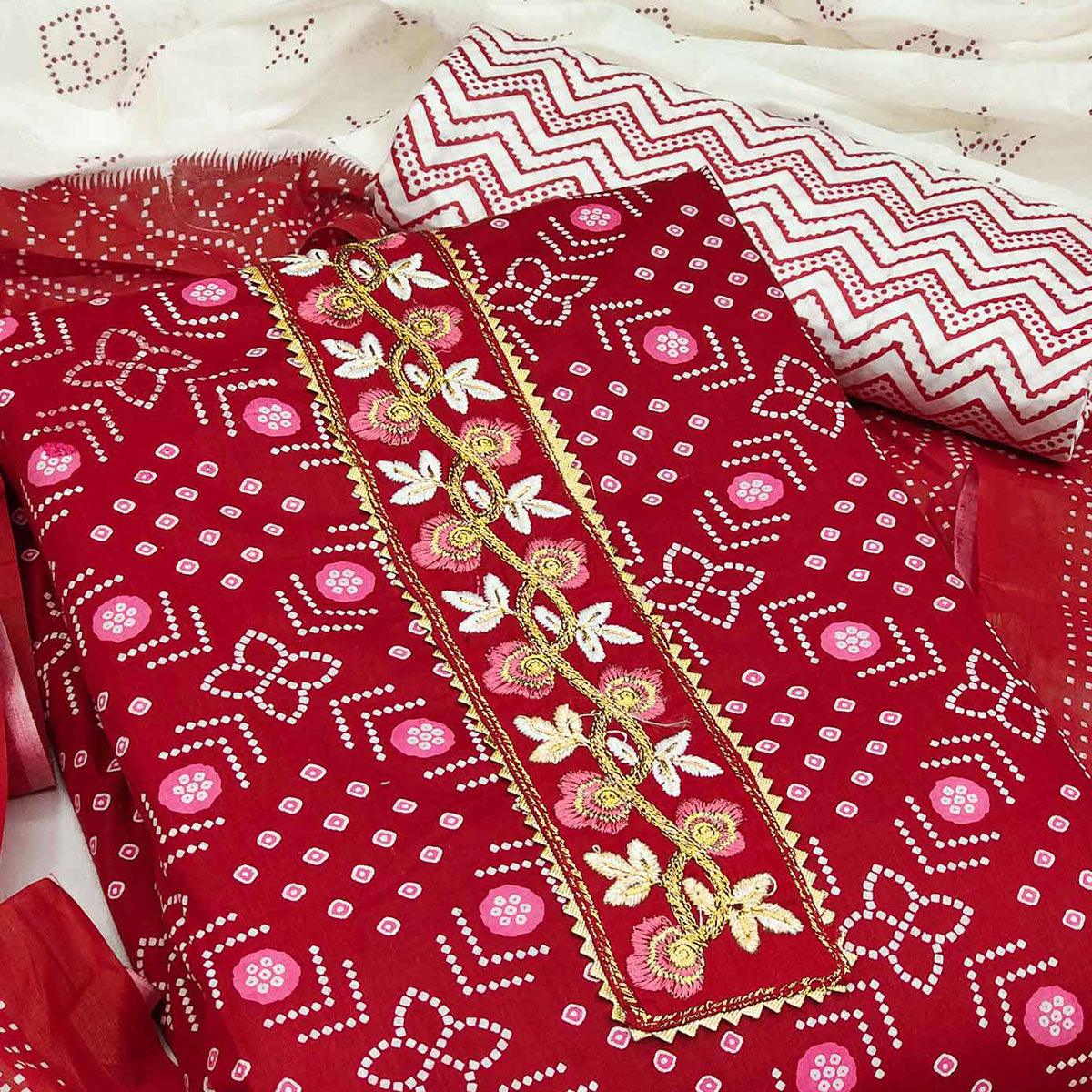 Red Casual Wear Embroidery With Print Cotton Dress Material - Peachmode