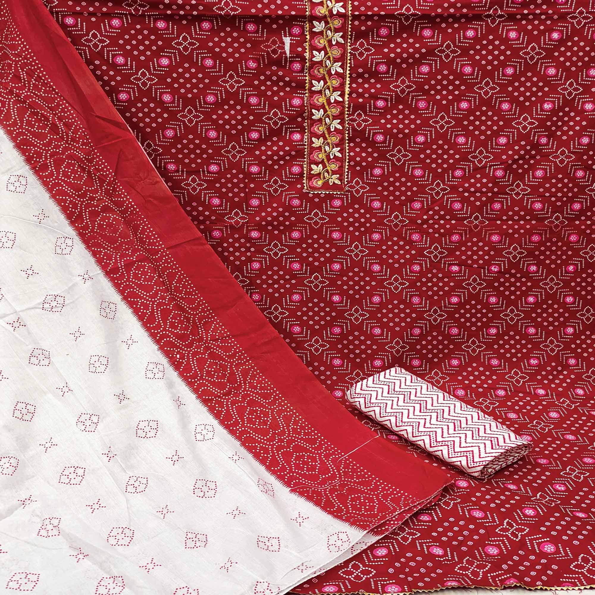 Red Casual Wear Embroidery With Print Cotton Dress Material - Peachmode