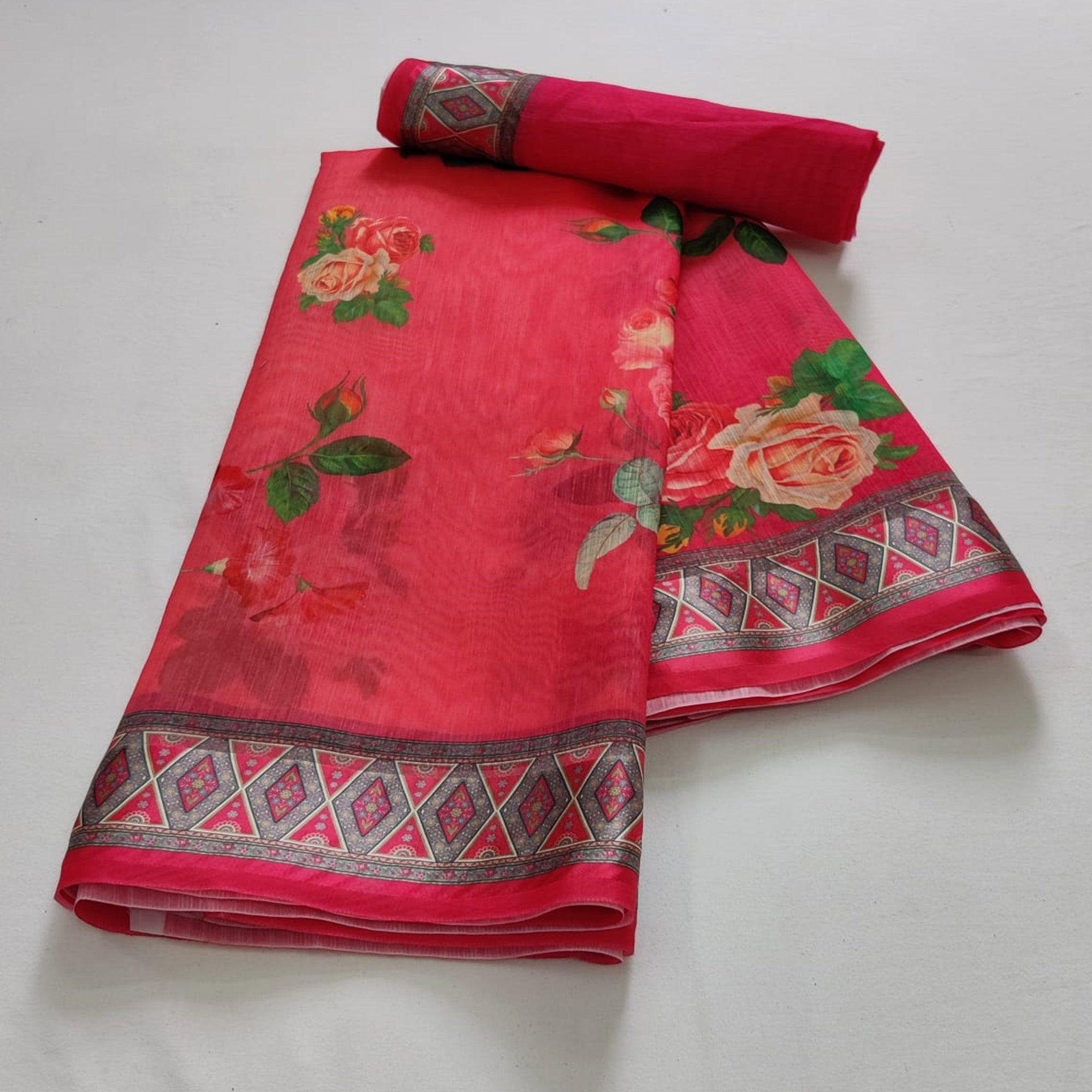Red Casual Wear Floral Digital Printed Linen Saree - Peachmode