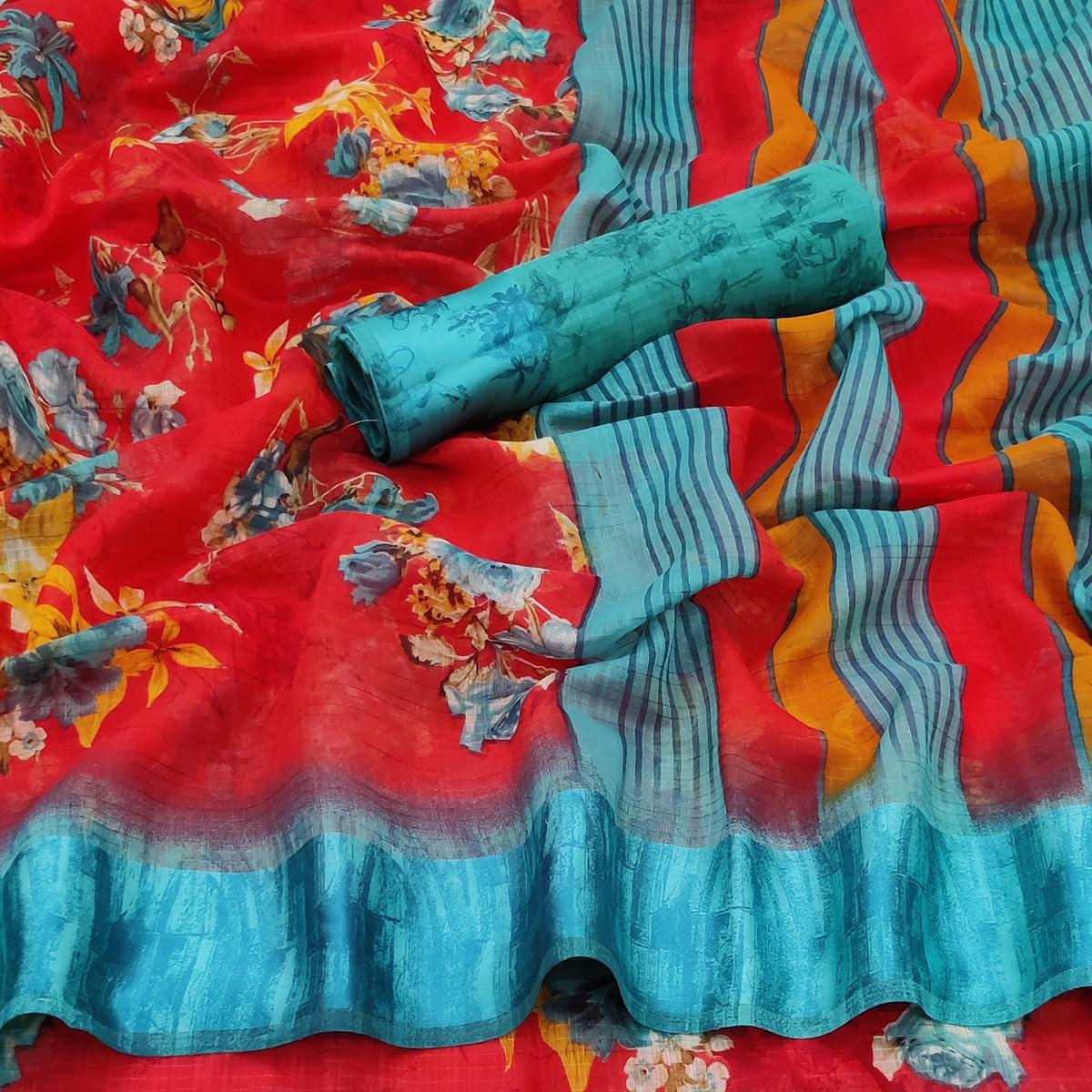 Red Casual Wear Floral Digital Printed linen Saree - Peachmode