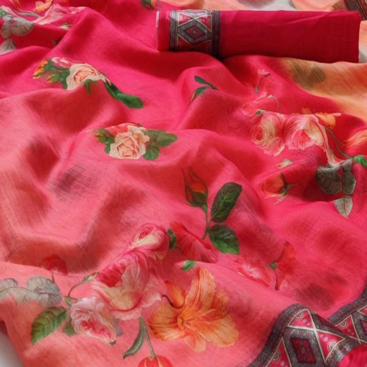 Red Casual Wear Floral Digital Printed Linen Saree - Peachmode