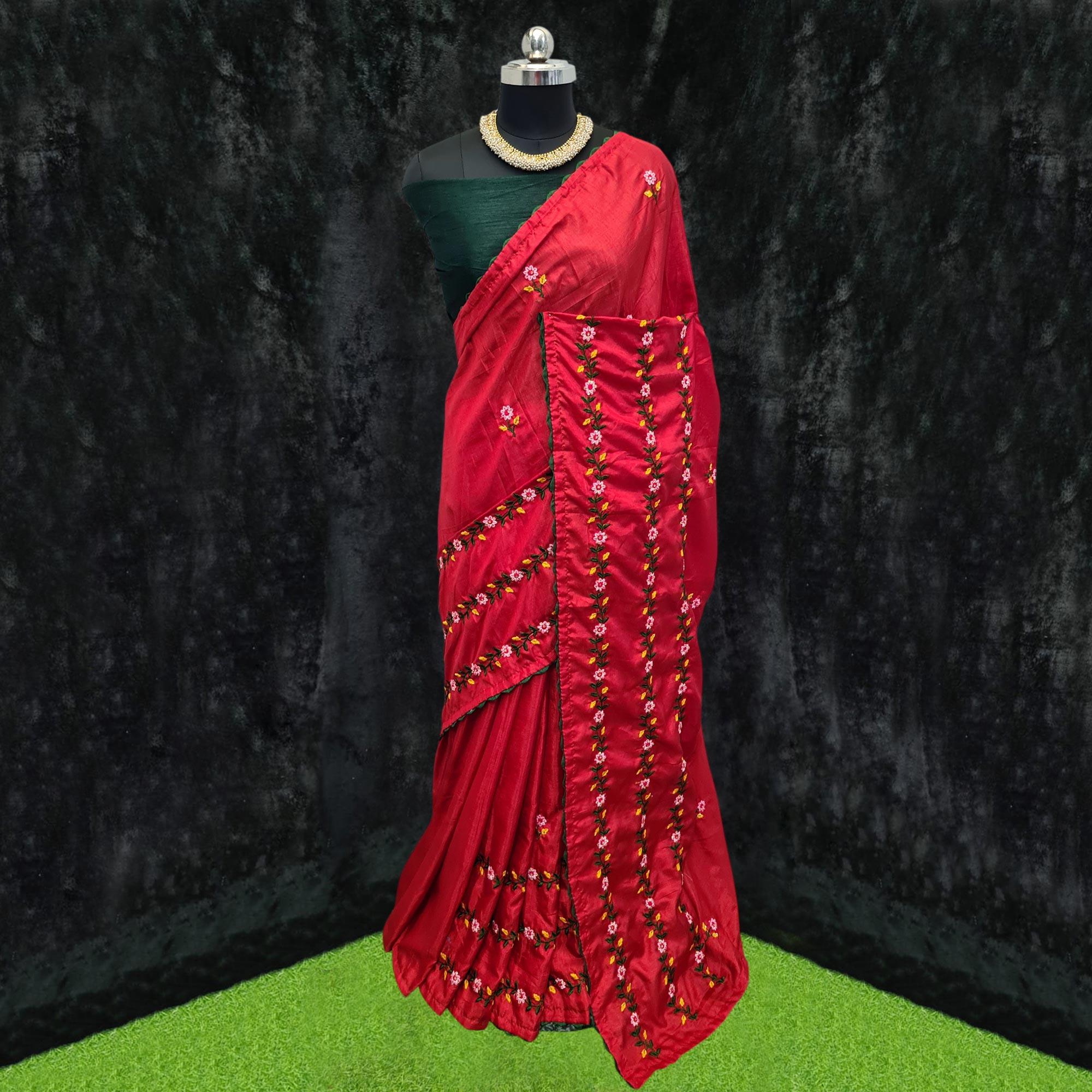 Red Casual Wear Floral Embroidered Dola Silk Saree - Peachmode