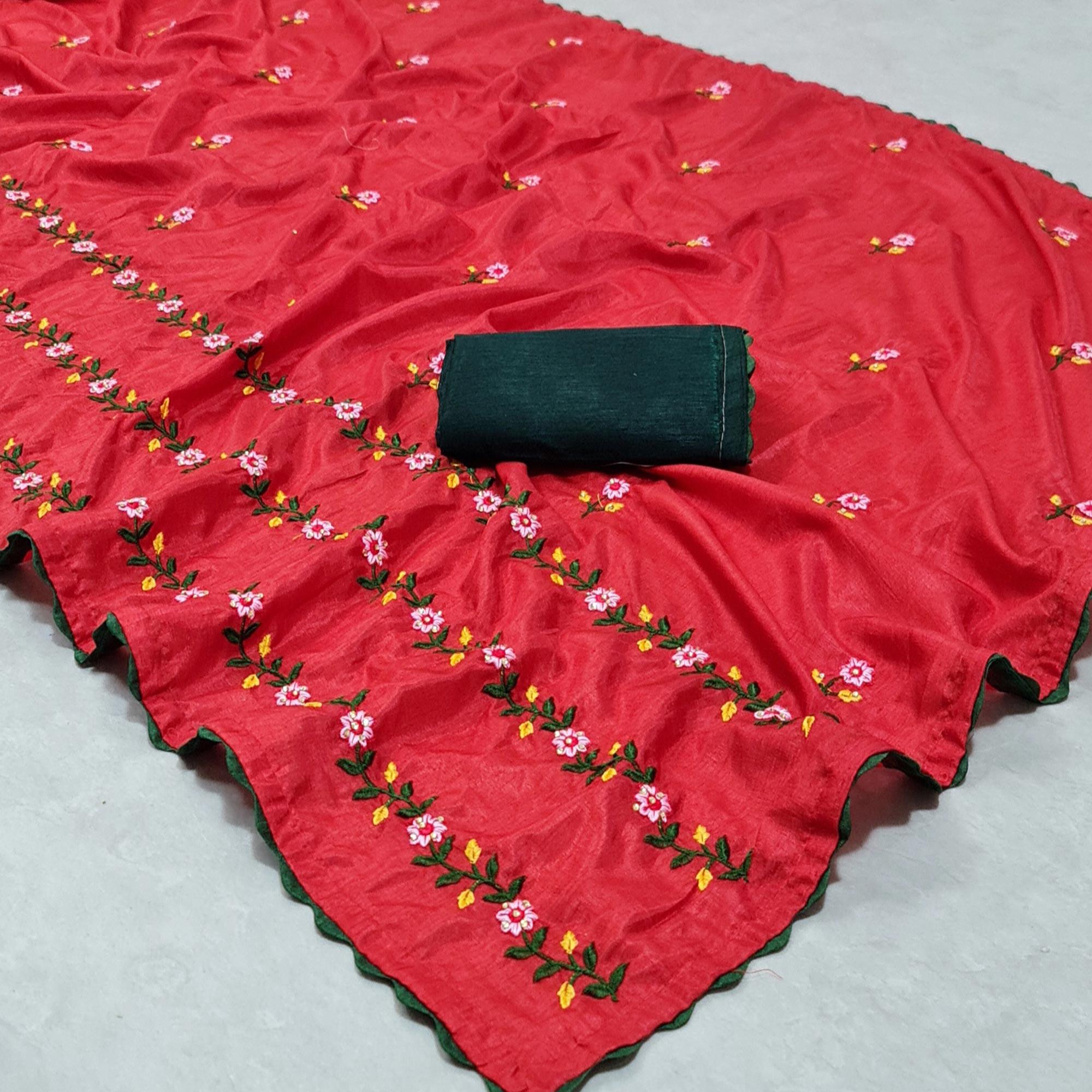 Red Casual Wear Floral Embroidered Dola Silk Saree - Peachmode