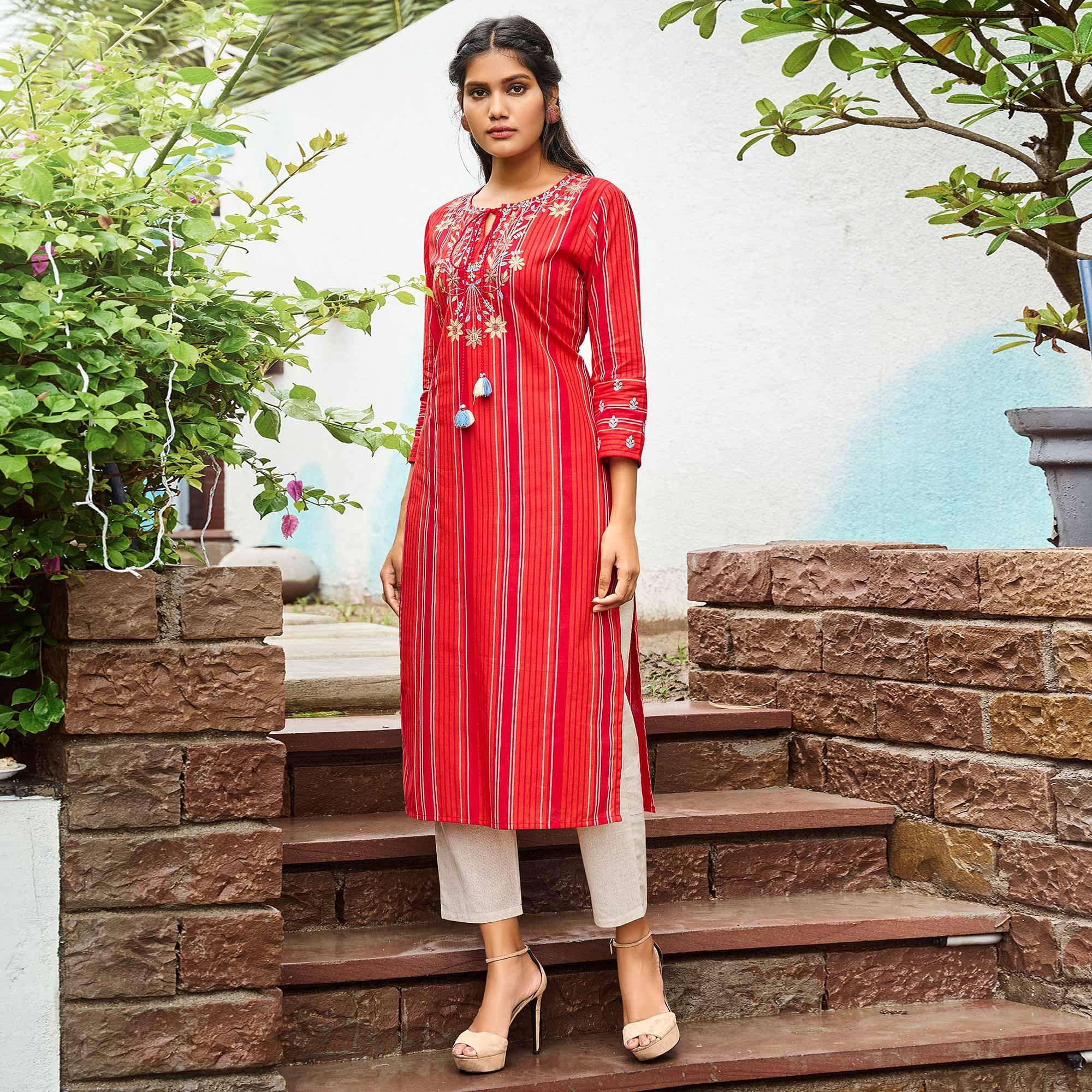 Red Casual Wear Floral Embroidered Pure Cotton Kurti - Peachmode
