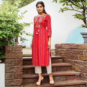 Red Casual Wear Floral Embroidered Pure Cotton Kurti - Peachmode