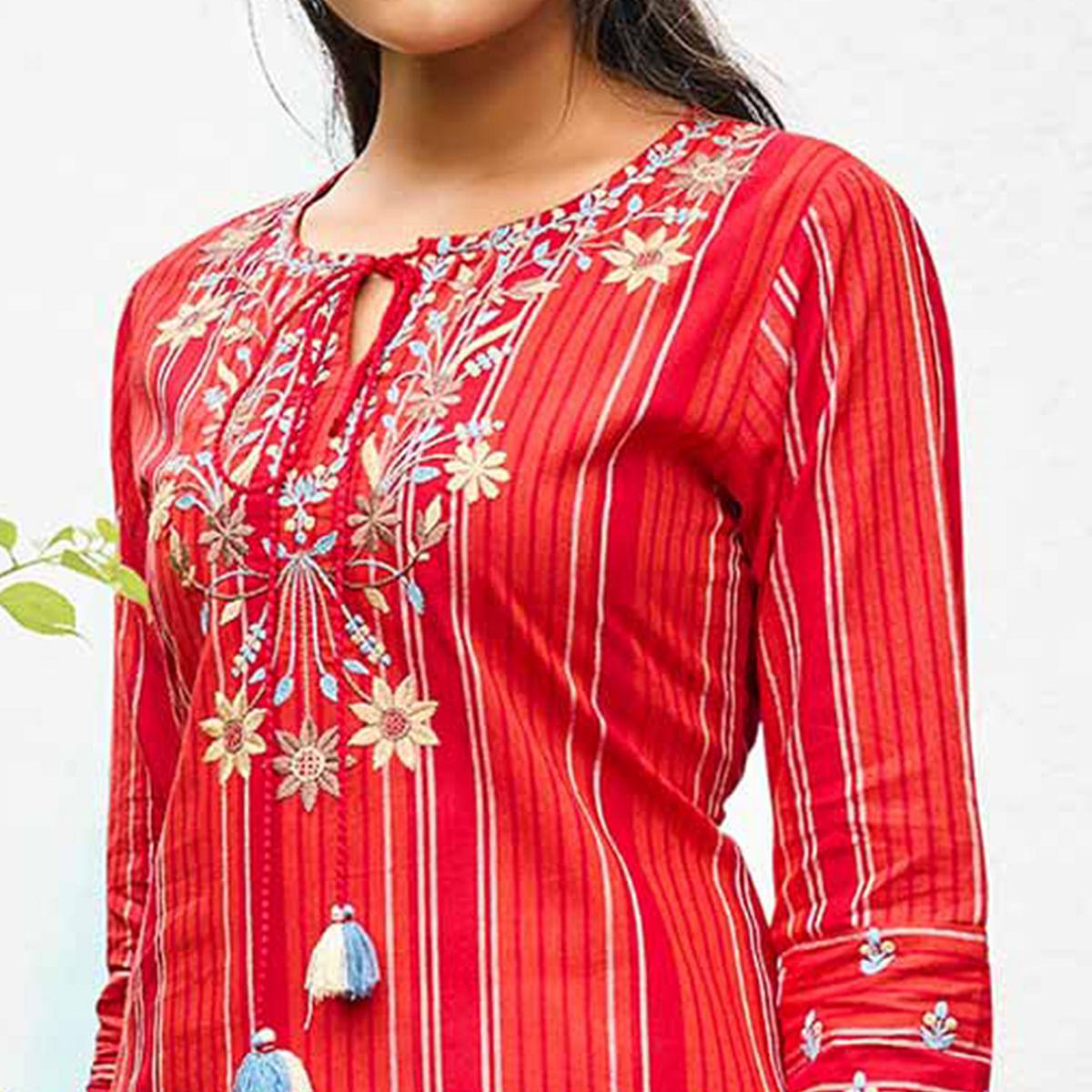 Red Casual Wear Floral Embroidered Pure Cotton Kurti - Peachmode