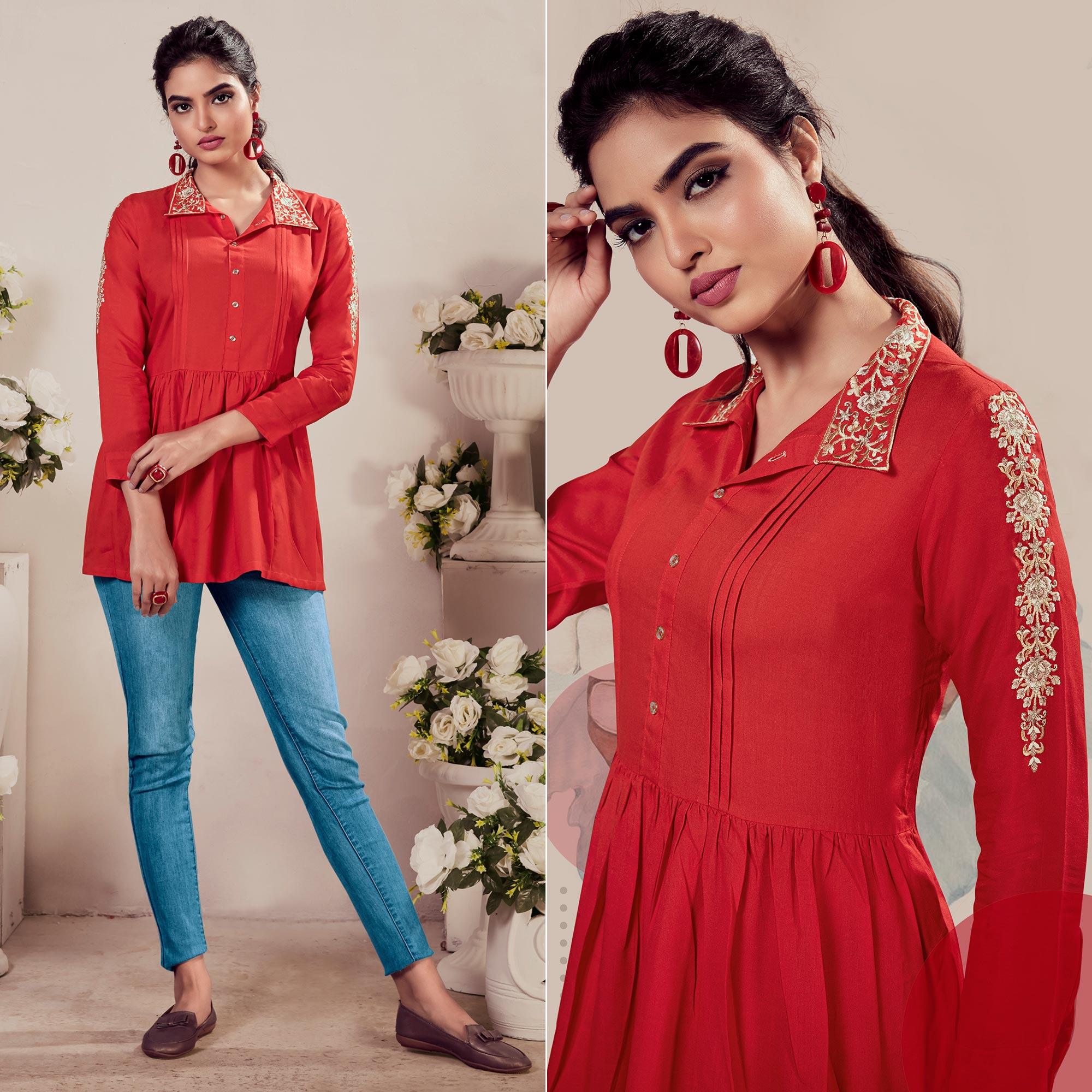 Red Casual Wear Floral Embroidered Rayon Top - Peachmode