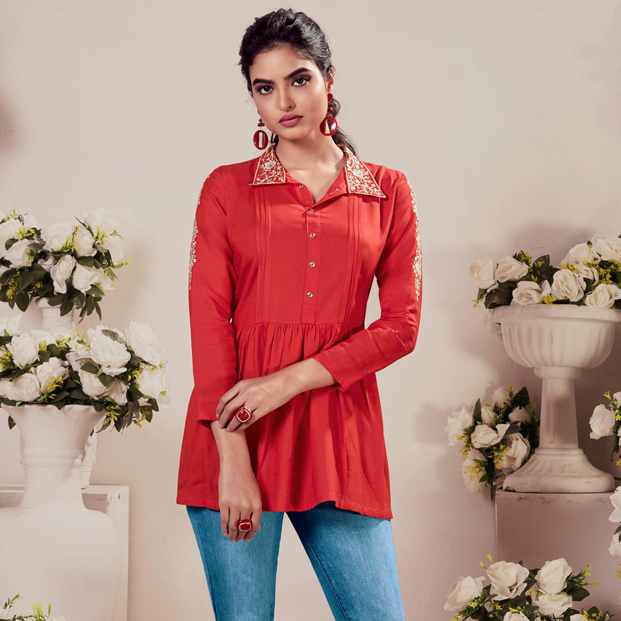 Red Casual Wear Floral Embroidered Rayon Top - Peachmode