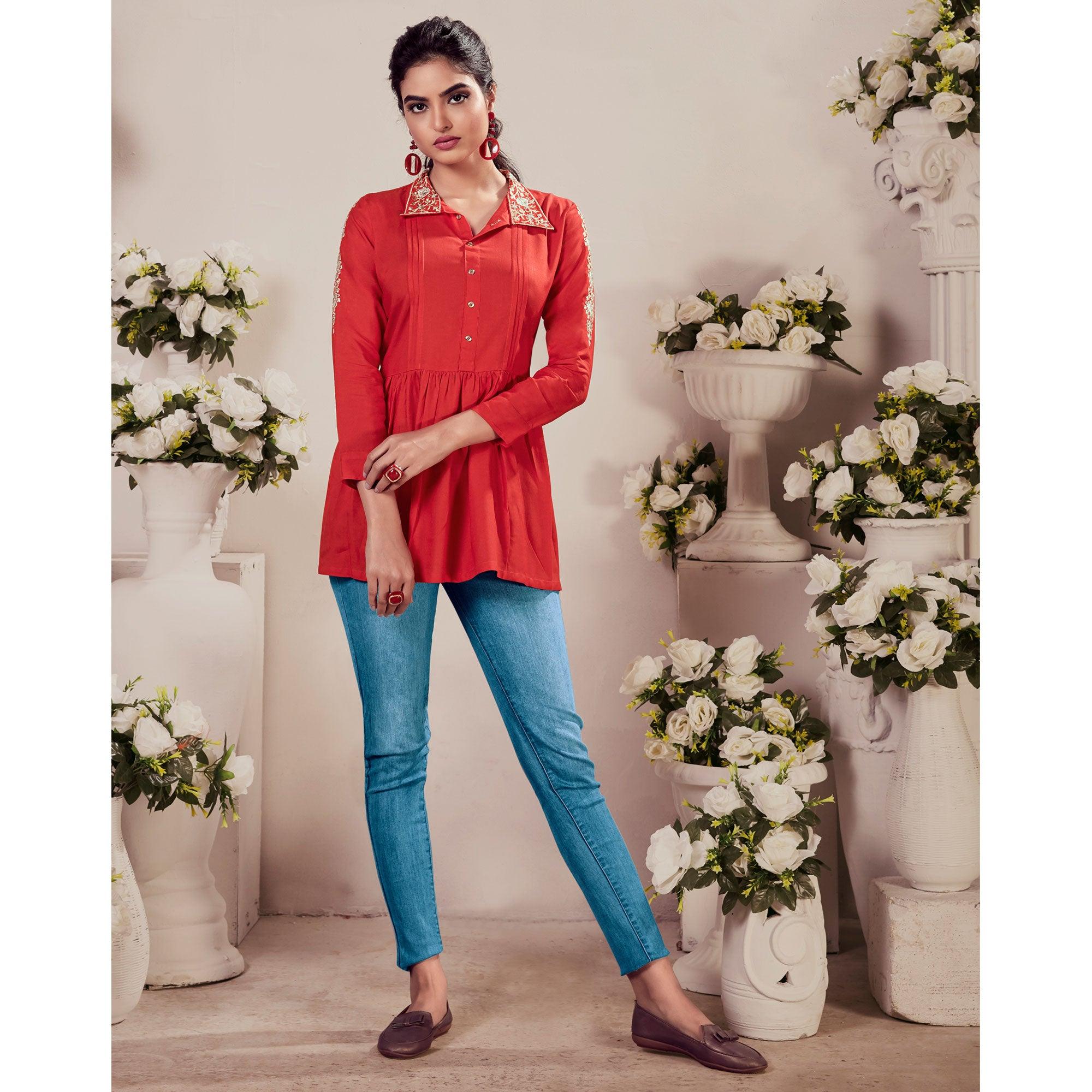 Red Casual Wear Floral Embroidered Rayon Top - Peachmode