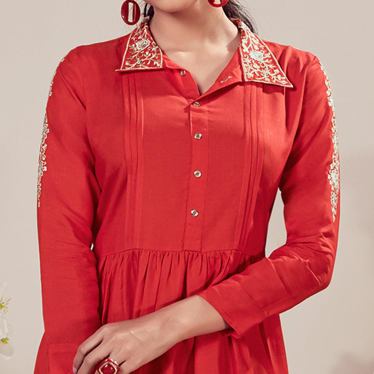 Red Casual Wear Floral Embroidered Rayon Top - Peachmode