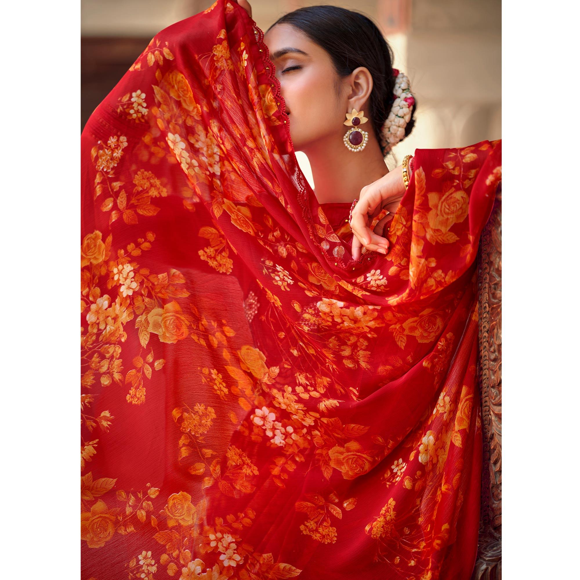 Red Casual Wear Floral Printed Alfino Saree With Fancy Diamond Lace - Peachmode
