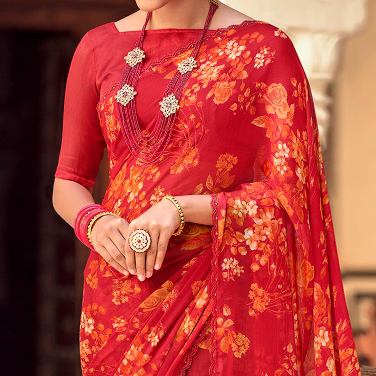 Red Casual Wear Floral Printed Alfino Saree With Fancy Diamond Lace - Peachmode