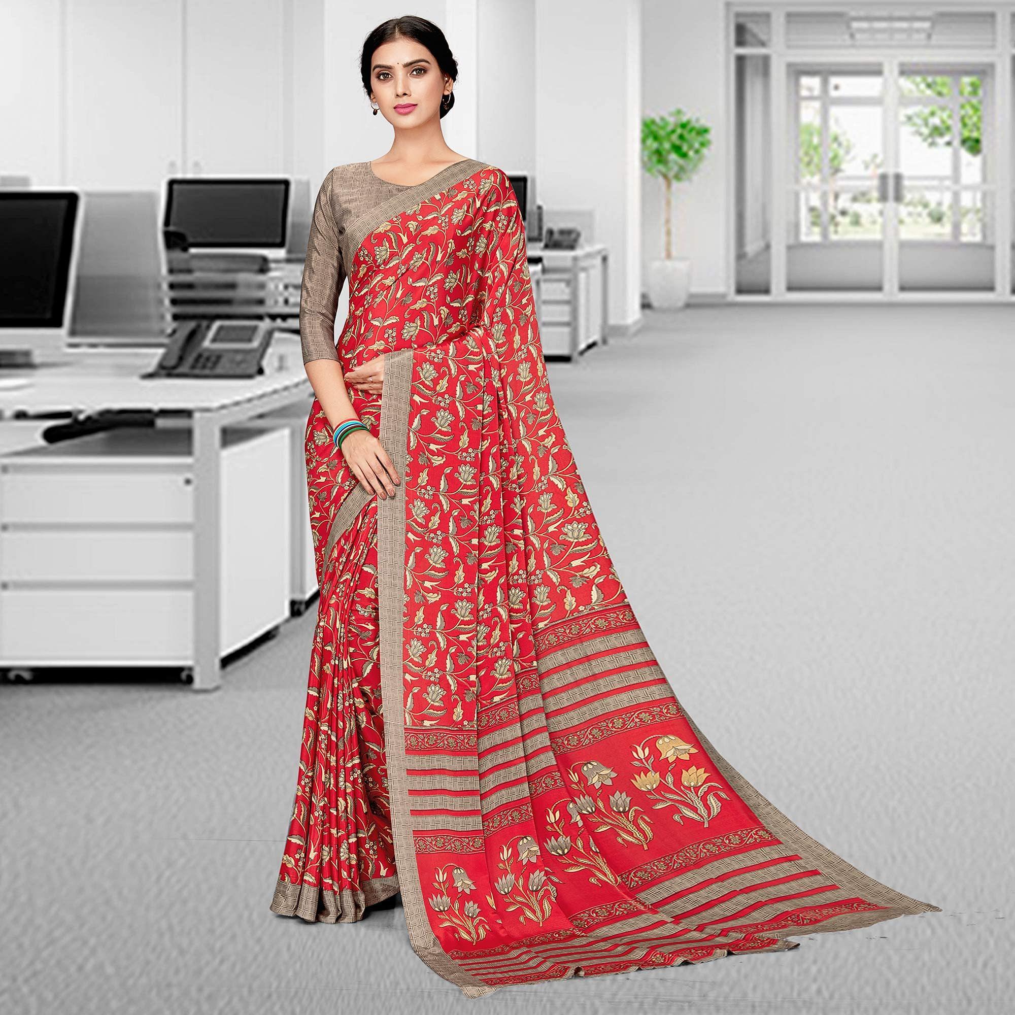 Red Casual Wear Floral Printed Art Silk Saree - Peachmode
