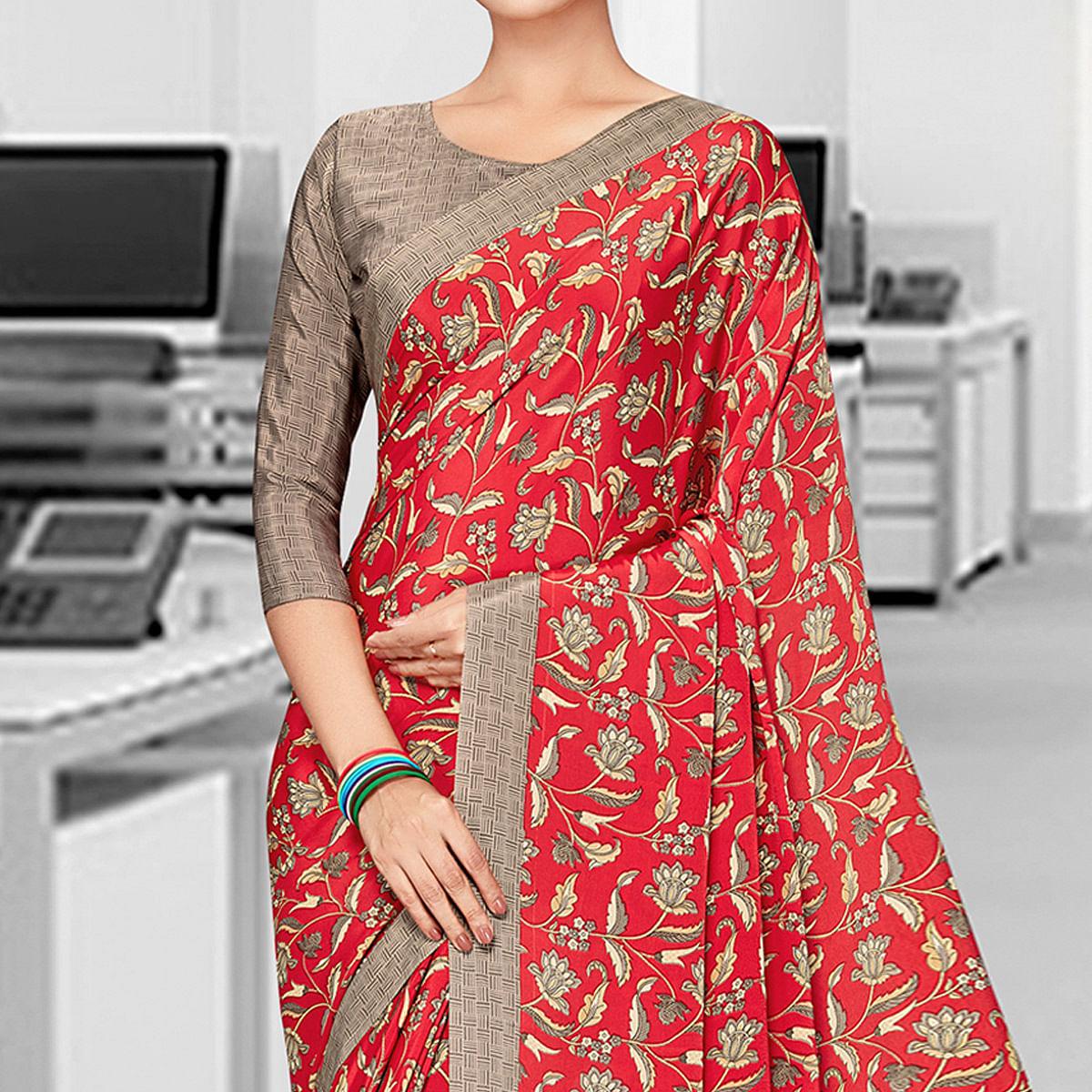 Red Casual Wear Floral Printed Art Silk Saree - Peachmode