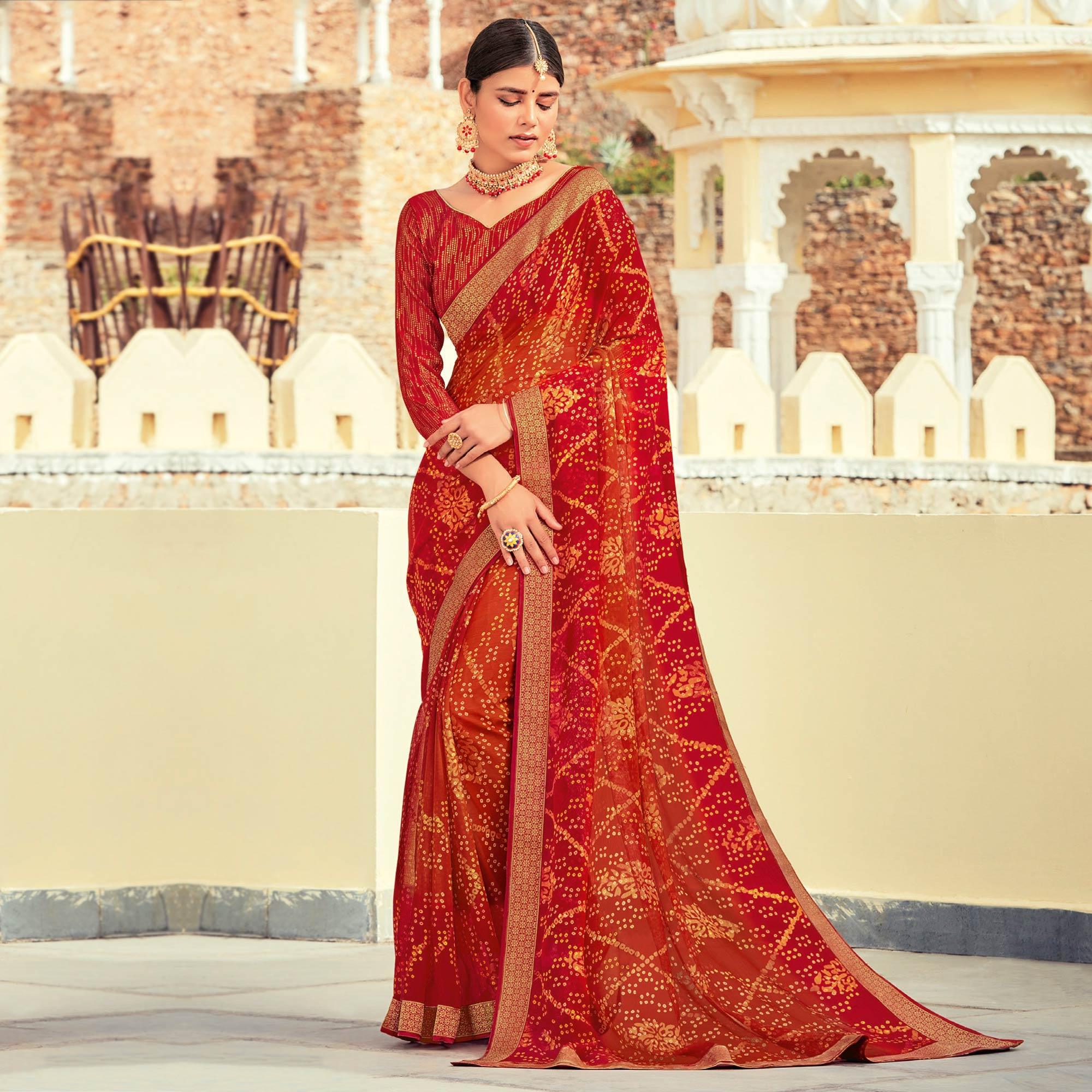 Red Casual Wear Floral Printed Brasso Saree - Peachmode