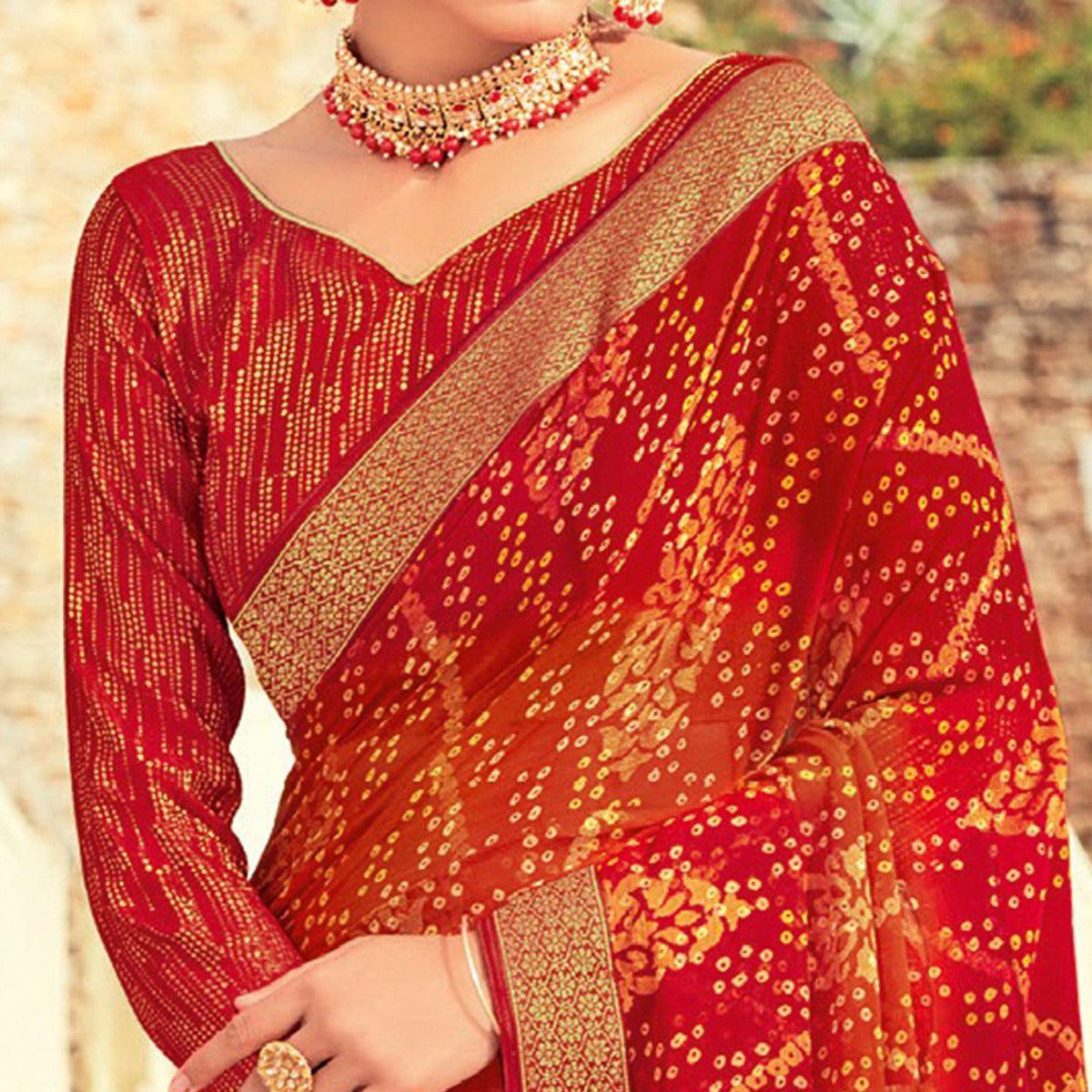 Red Casual Wear Floral Printed Brasso Saree - Peachmode