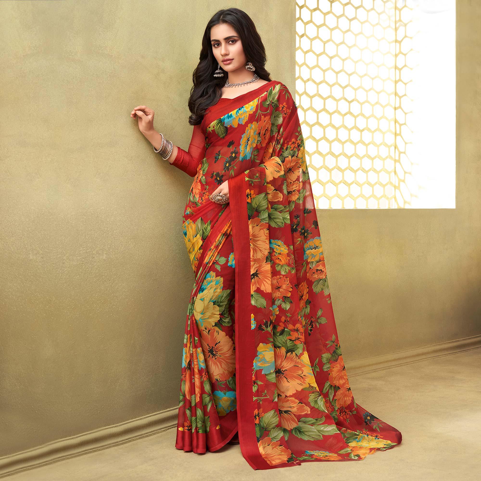 Red Casual Wear Floral Printed Chiffon Saree - Peachmode