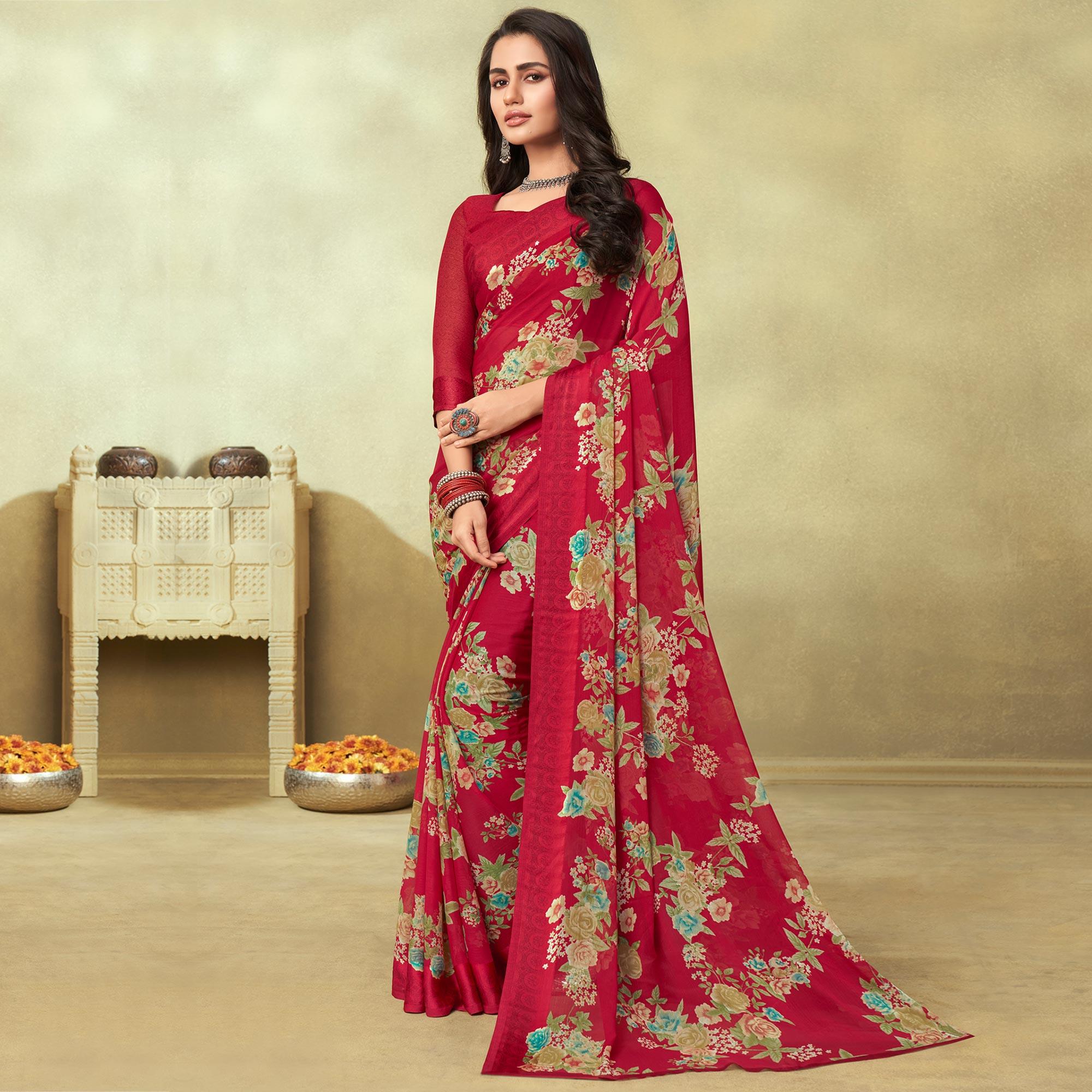 Red Casual Wear Floral Printed Chiffon Saree - Peachmode