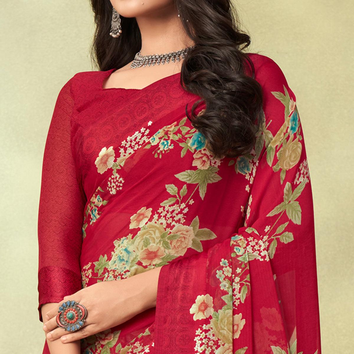 Red Casual Wear Floral Printed Chiffon Saree - Peachmode