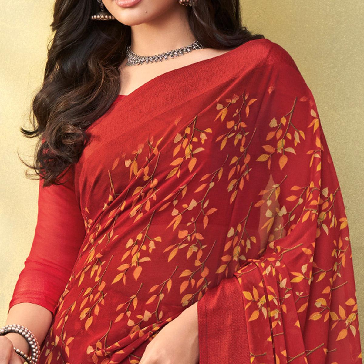 Red Casual Wear Floral Printed Chiffon Saree - Peachmode