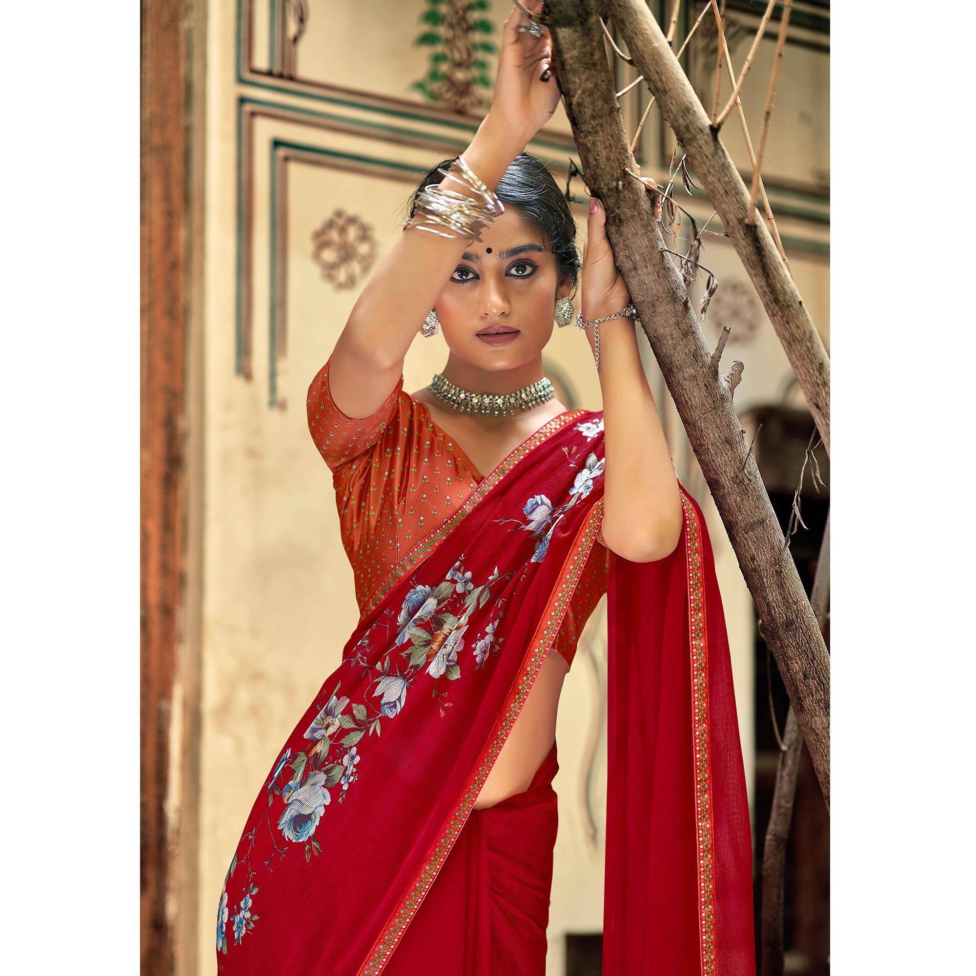 Red Casual Wear Floral Printed Chiffon Saree With Fancy Blouse - Peachmode