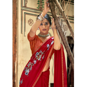 Red Casual Wear Floral Printed Chiffon Saree With Fancy Blouse - Peachmode