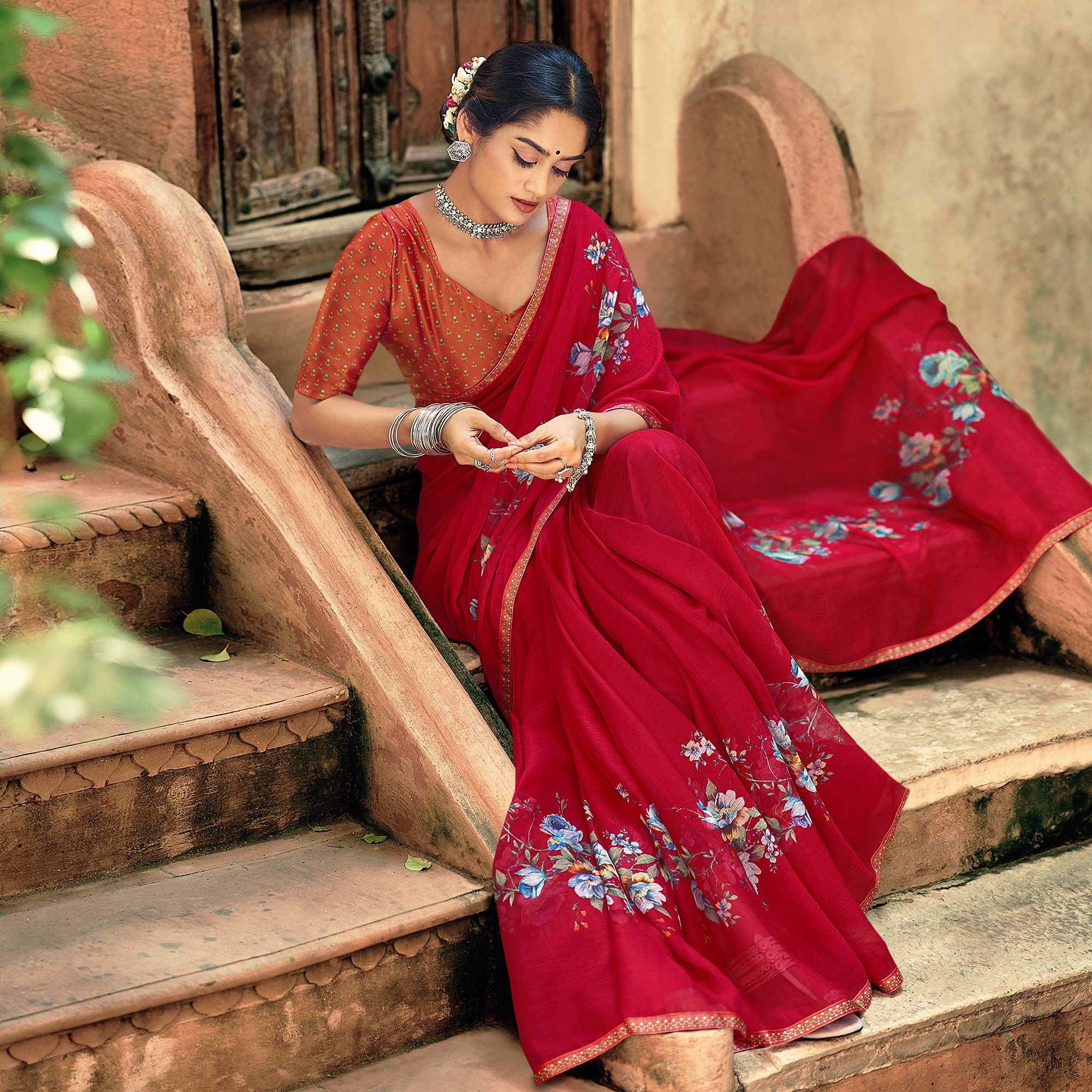 Red Casual Wear Floral Printed Chiffon Saree With Fancy Blouse - Peachmode