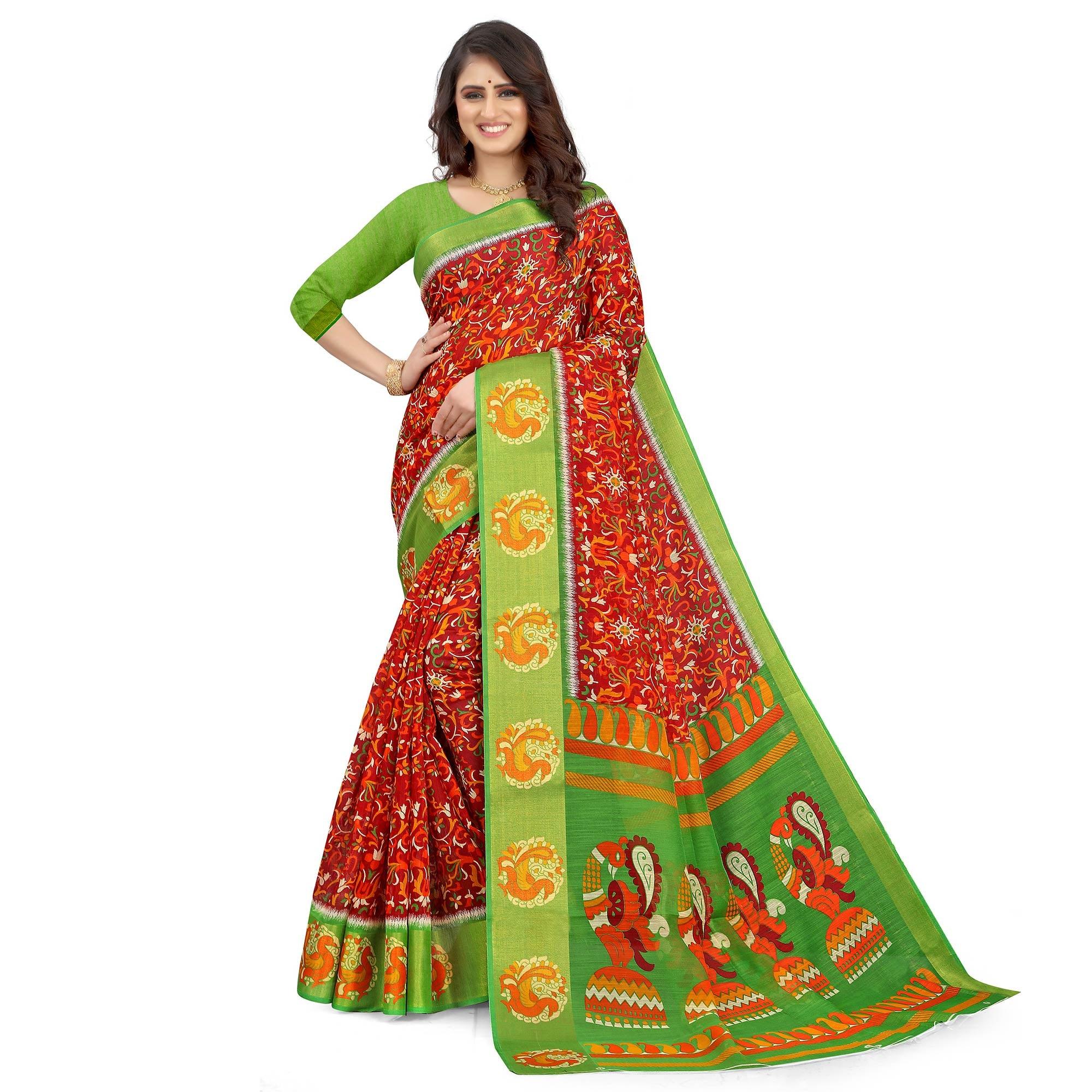 Red Casual Wear Floral Printed Cotton Linen Saree - Peachmode