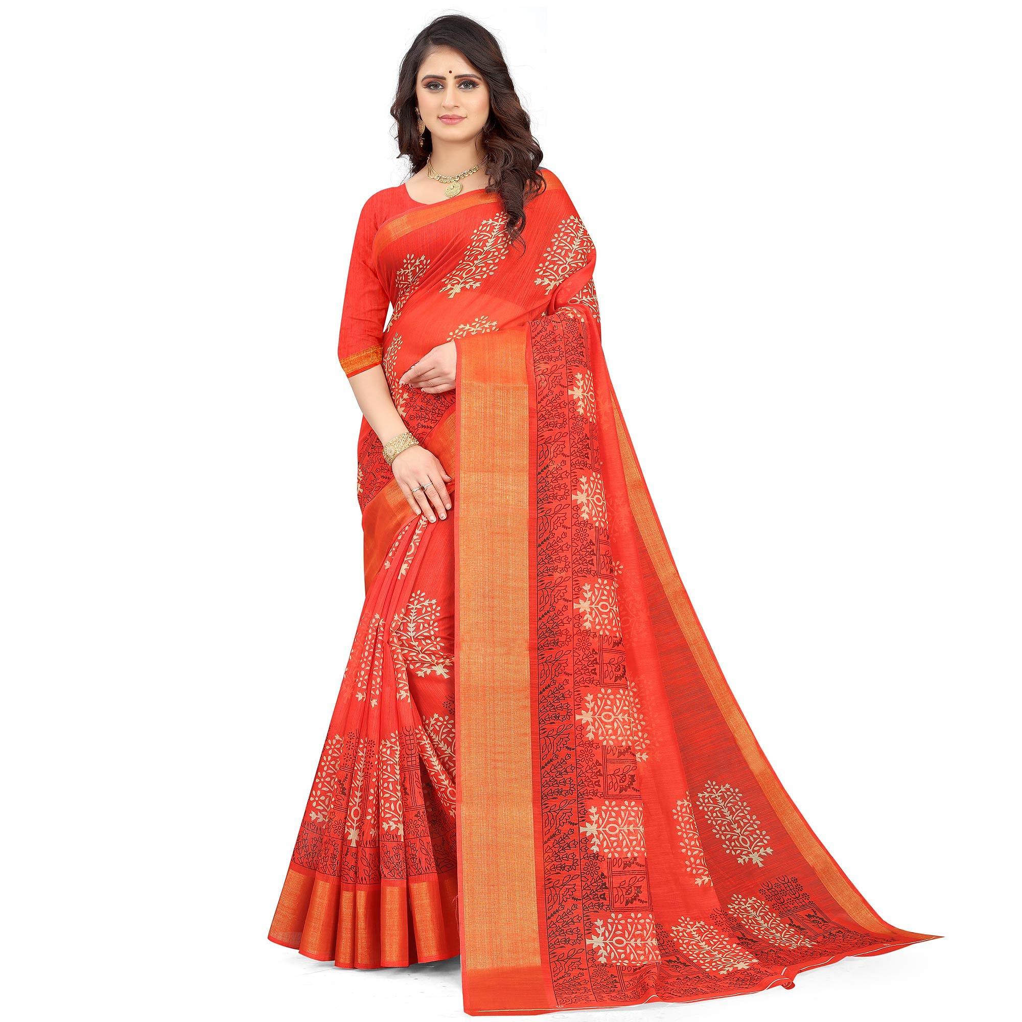 Red Casual Wear Floral Printed Cotton Linen Saree - Peachmode