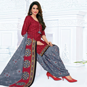 Red Casual Wear Floral Printed Cotton Patiala Dress Material - Peachmode