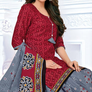 Red Casual Wear Floral Printed Cotton Patiala Dress Material - Peachmode