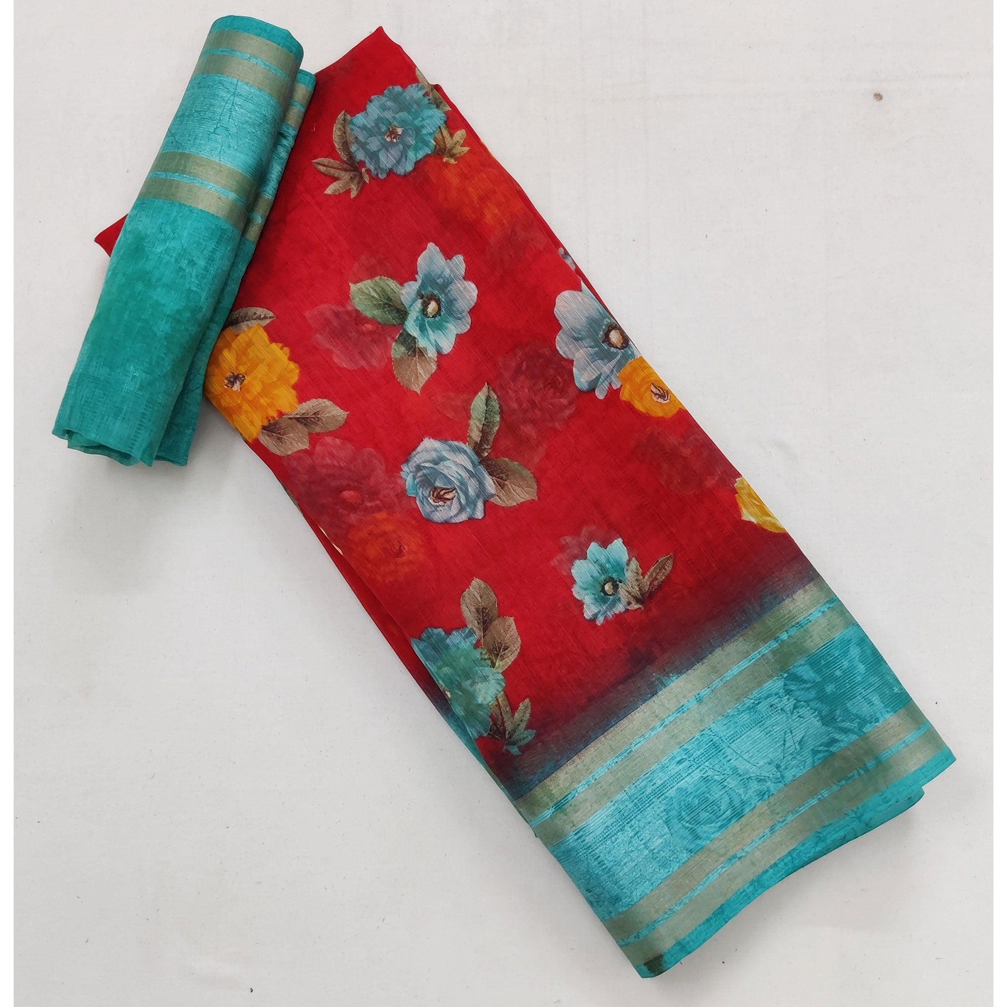 Red Casual Wear Floral Printed Cotton Saree With Woven Border - Peachmode
