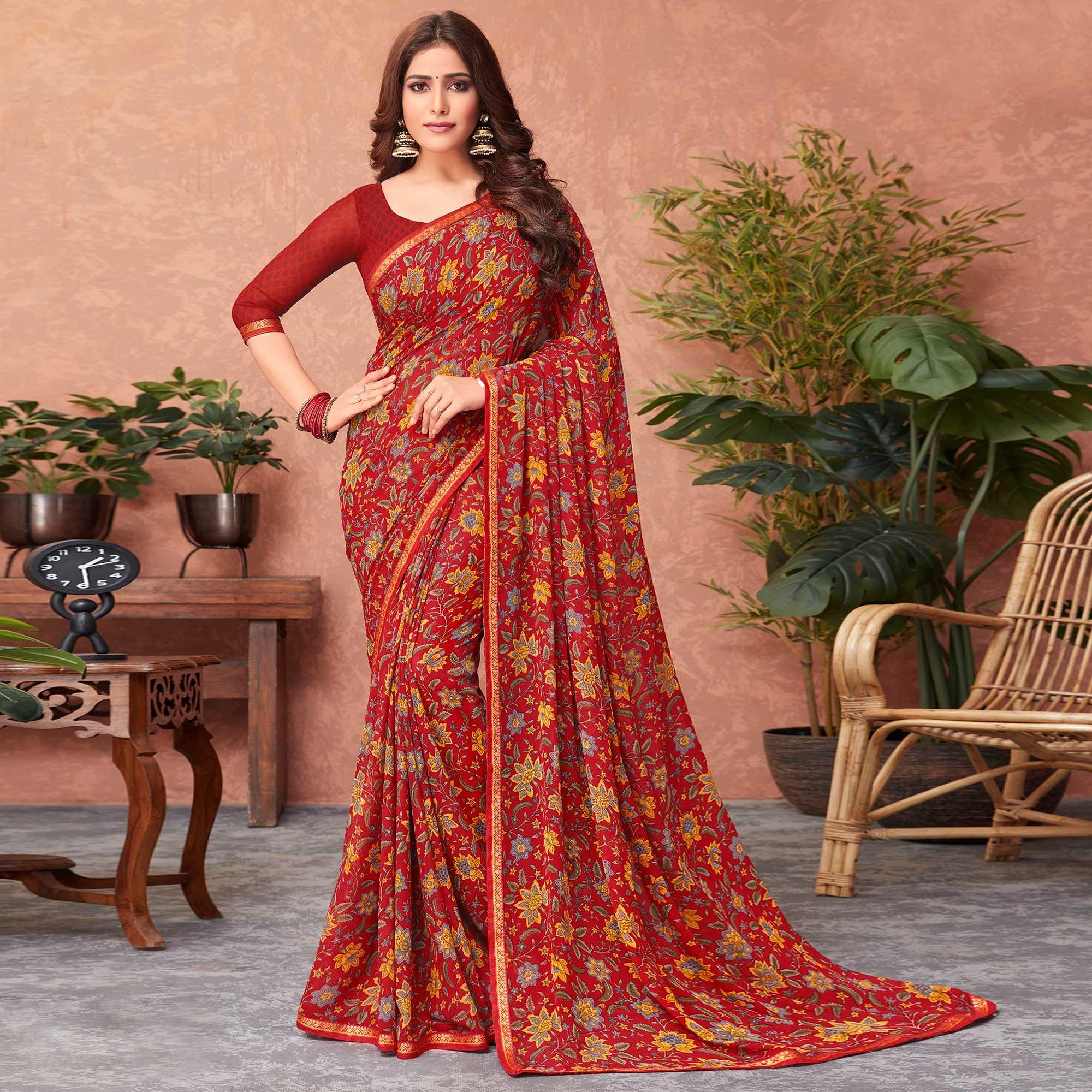 Red Casual Wear Floral Printed Georgette Saree - Peachmode