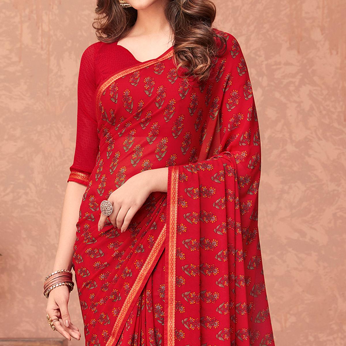 Red Casual Wear Floral Printed Georgette Saree - Peachmode