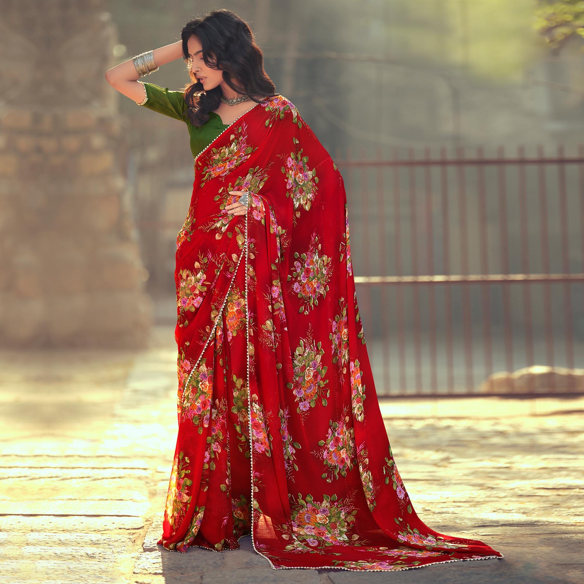 Red Casual Wear Floral Printed Georgette Saree With Pearl Beads lace - Peachmode