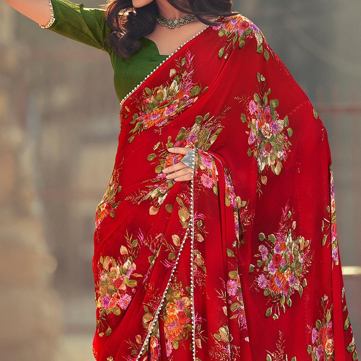 Red Casual Wear Floral Printed Georgette Saree With Pearl Beads lace - Peachmode