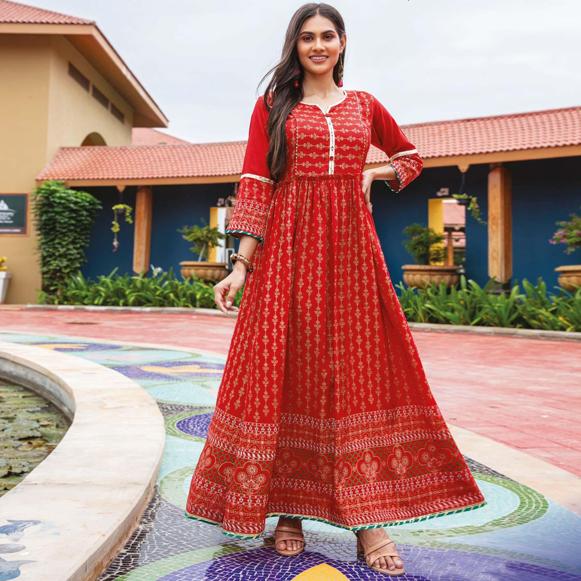 Red Casual Wear Floral Printed Heavy Silk Long Kurti - Peachmode